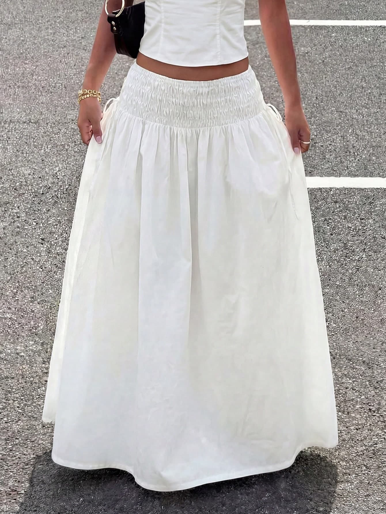 HoloChill Women's Casual Fashion Flowy White Skirt, Ruched Waist Design, Casual Flared Hem, Woven Non-Stretch Fabric, Effortlessly Showcases Charming Appeal, Summer Casual 2026 New Arrival, Women's Summer Outfit, Women's Holiday Attire, Party Wear, Women's Beach Vacation Outfit, Outing Wear, Women's Elegant Skirt, Women's Beach Vacation Attire, Women's Casual Wear, Music Festival