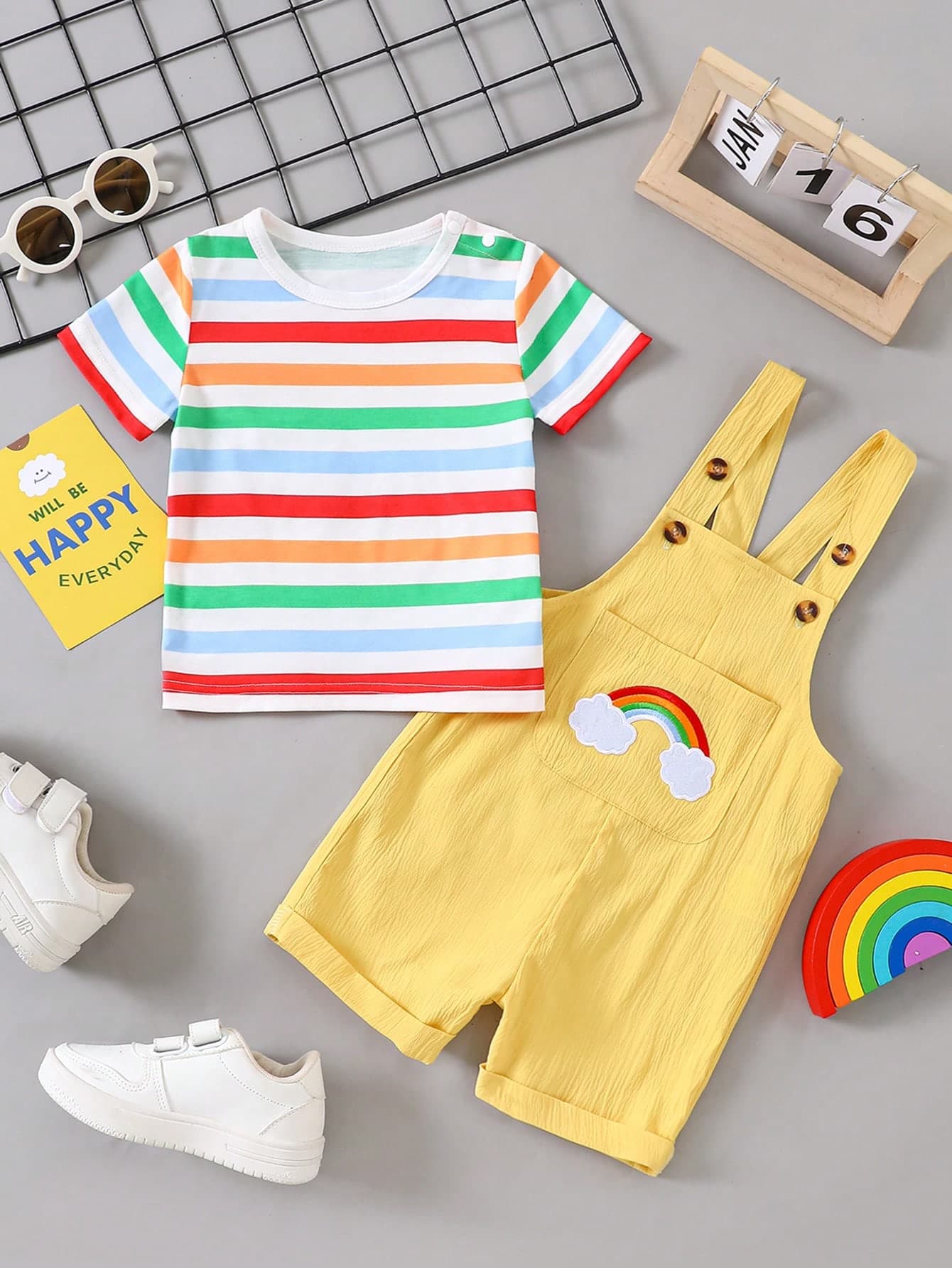 2pcs/Set Toddler Boys' Rainbow Striped Short Sleeve Top And Bib Shorts Set, Shorts With Rainbow Cloud Pocket Decor, Fresh And Playful Style For Daily Wear, Spring/Summer