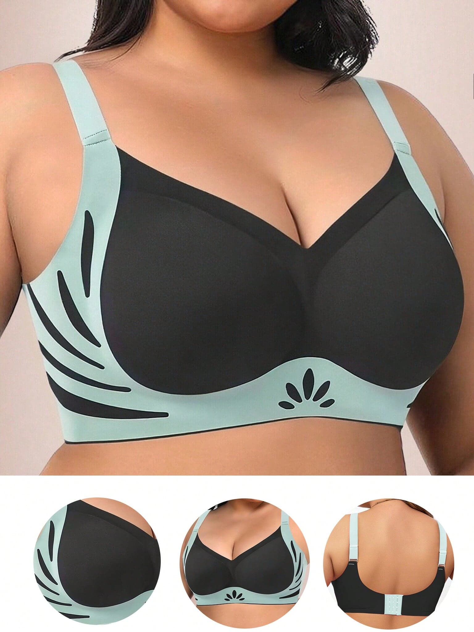 1pc Seamless Contrast Color Lift Wireless Plus Size Bra With Lift And Side Support, European Style