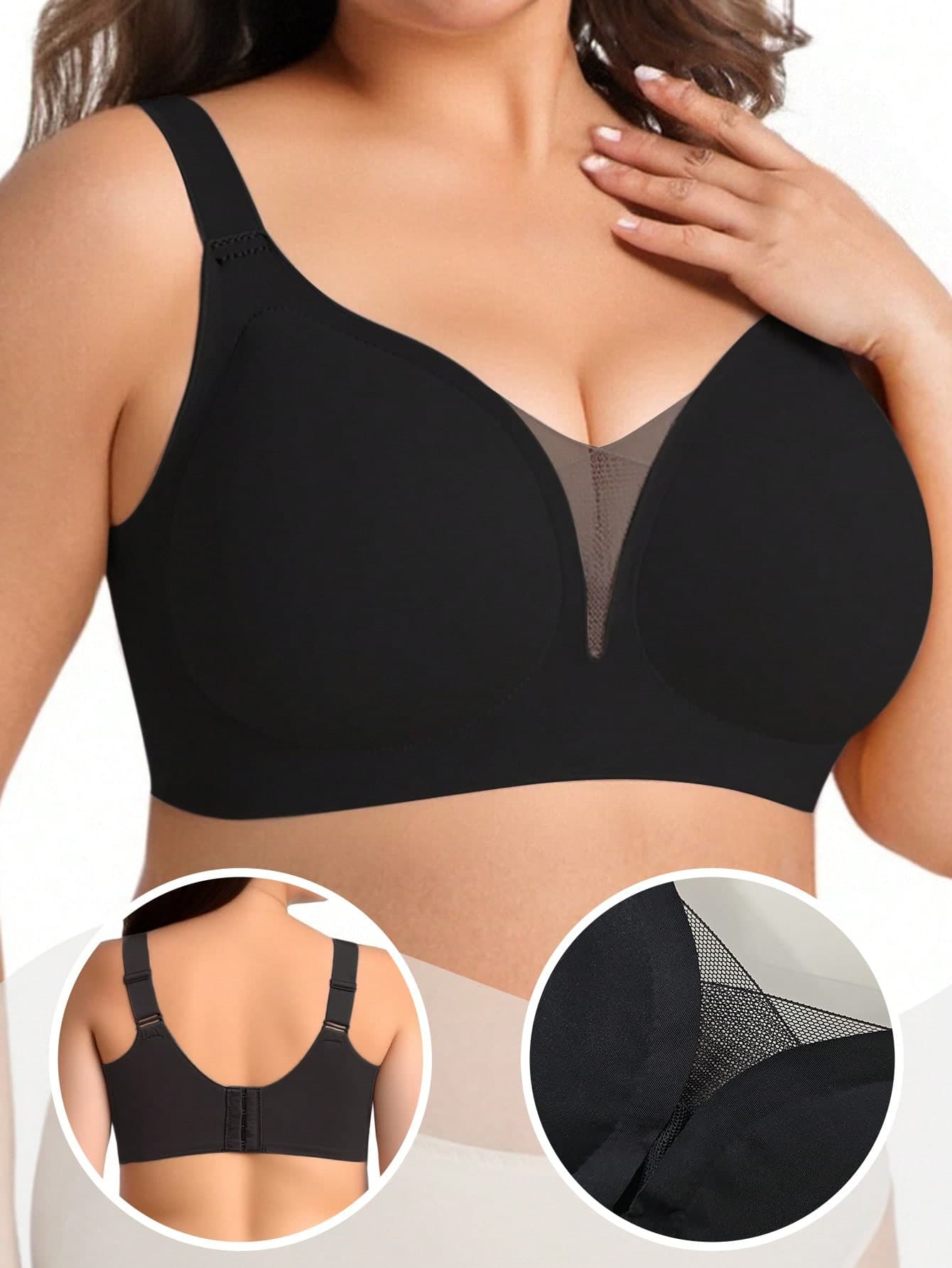 Plus Size Soft Support Wireless Bra, Seamless Lace Patchwork Bra For Women