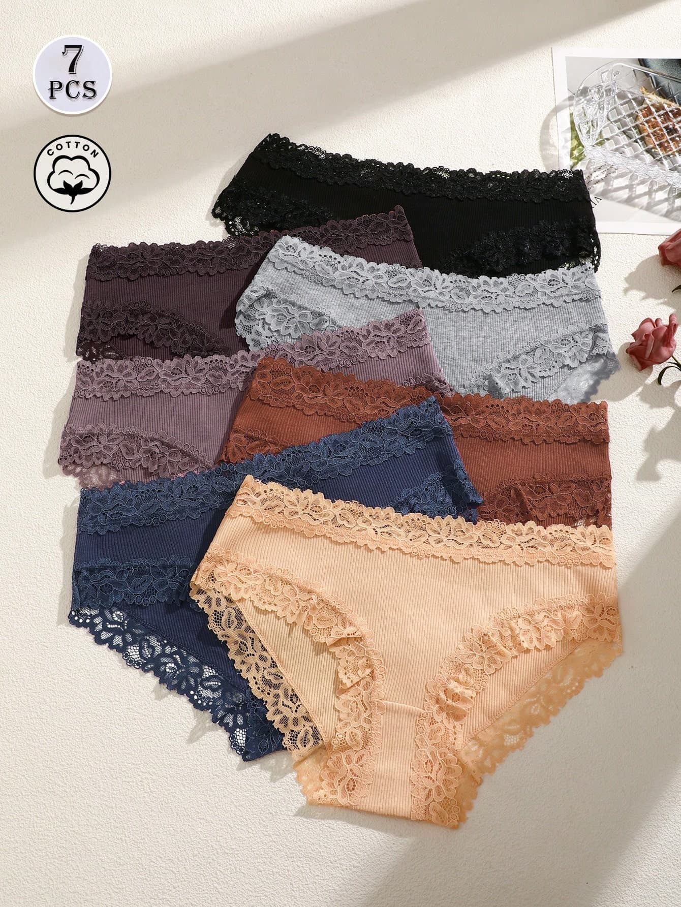 7pcs Solid Color Cotton Lace Patchwork Ribbed Sexy Romantic Comfortable Low Waist Women's Triangle Panties