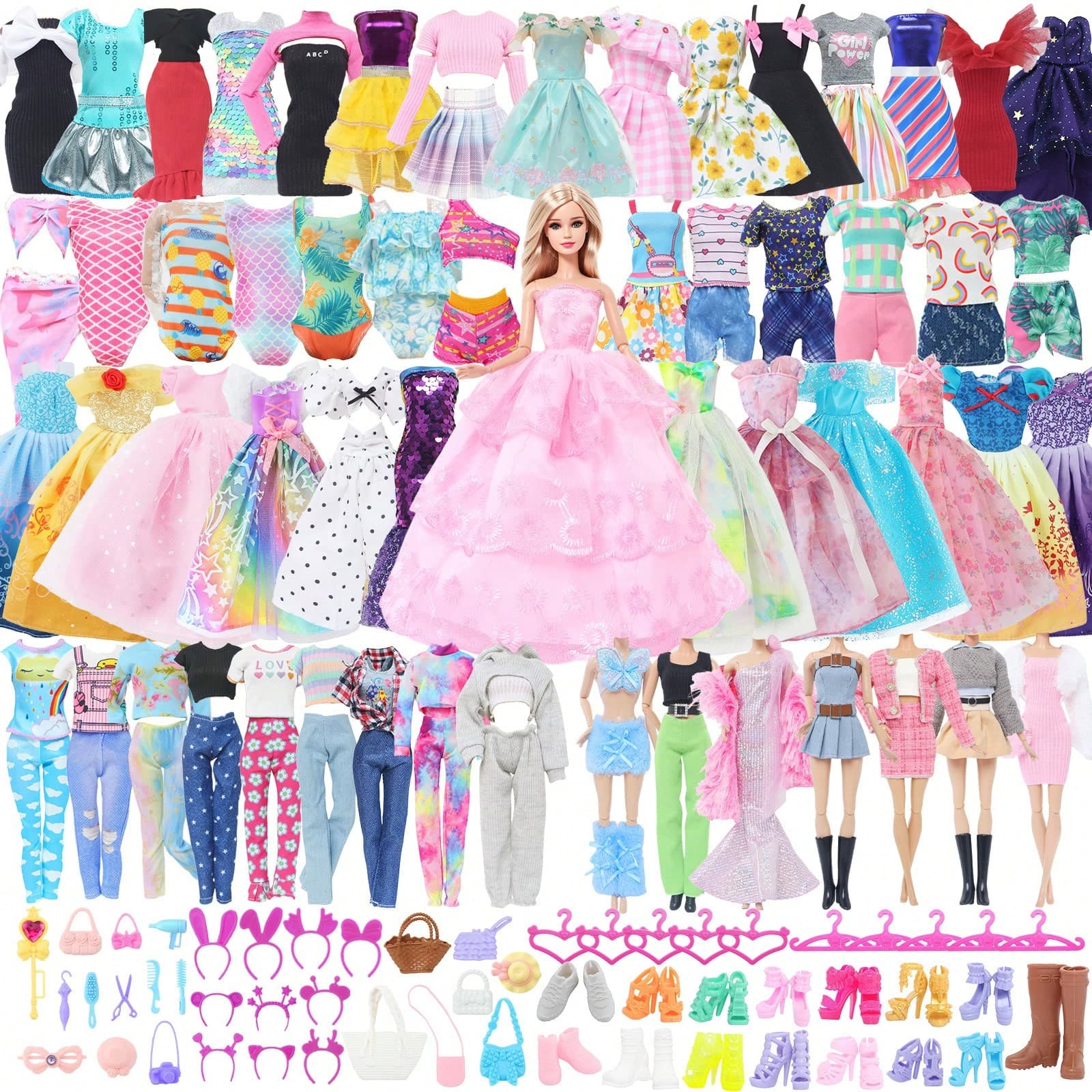 50pcs Doll Clothes & Accessories Set, Including 2 Princess Dresses, 3 Skirts, 2 Swimsuits, 2 Shorts, 3 Casual Outfits, 18 Accessories, 10 Hangers, 10 Pairs Of Shoes, Gift Box Set For 11.5 Inch Dolls (Doll Not Included)