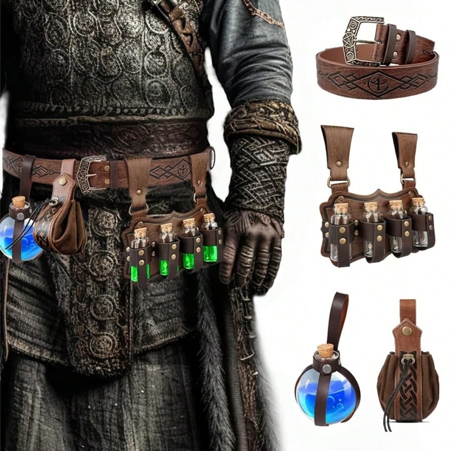 4pcs Medieval Embossed Faux Leather Accessory Set, Carved Belt With 4 Potion Bottles, Witch Potion Belt, Coin Pouch, Suitable For Halloween, Role Play LARP, Cosplay