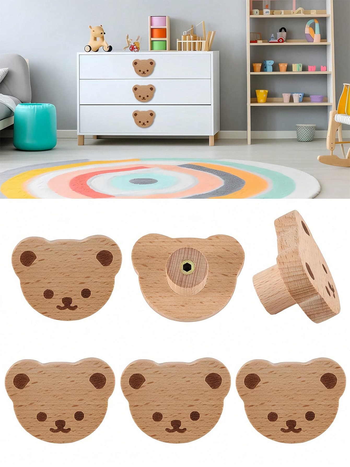 2/4/6pcs Bohemian Bear-Shaped Beech Wood Drawer Knobs With Screws Bear-Shaped Wooden Knobs With Hole, Suitable For Cupboard And Cabinet Handles