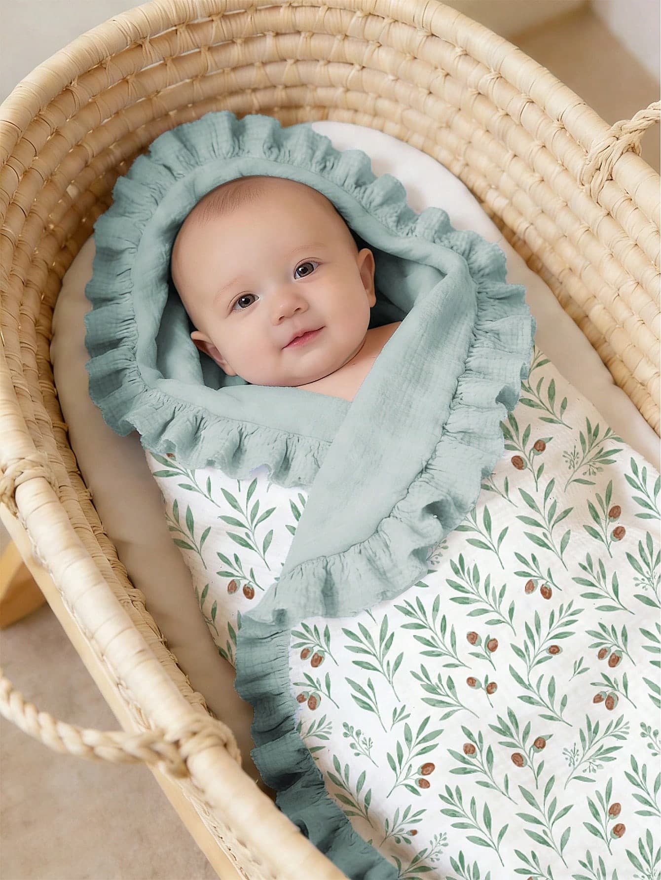 1pc Soft Cotton Floral Baby Blanket, Sweet Ruffle Edge Infant Cotton Blanket