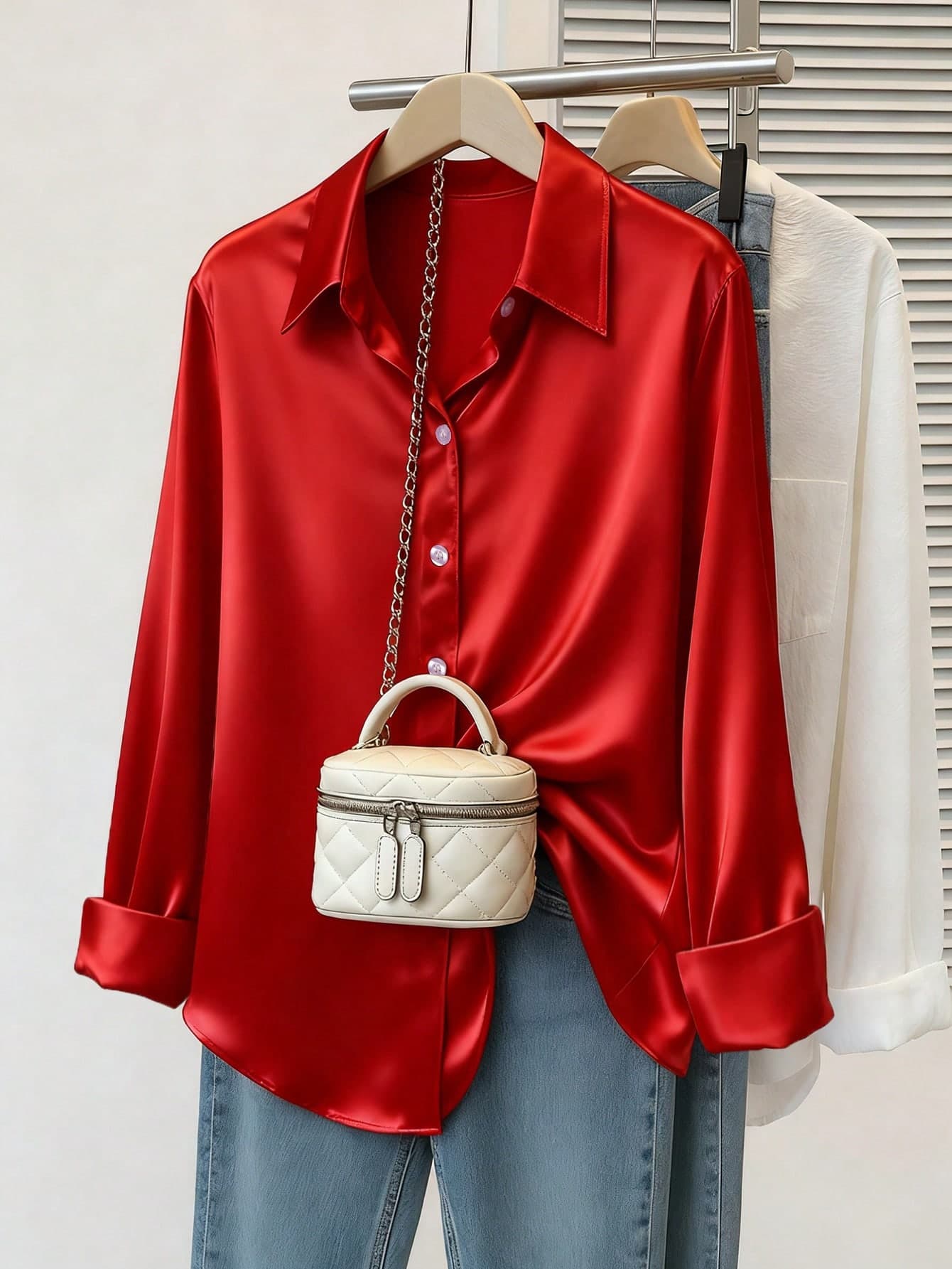 Plus Size Women Casual Satin Button-Up Shirt Spring Red