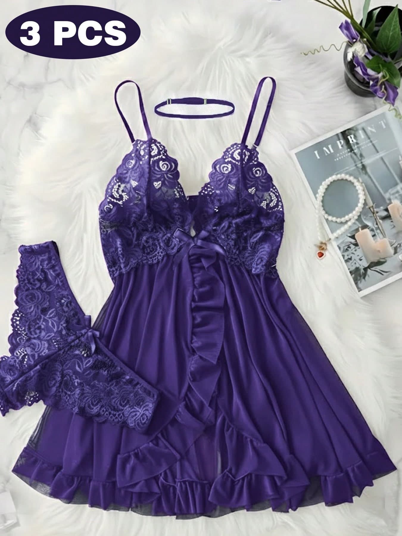 ROMWE Kawaii 3pcs/Set Women's Sexy Deep V Lace Lotus Lingerie Set, Versatile Sexy Sleepwear For Bedroom, Bathroom, Party