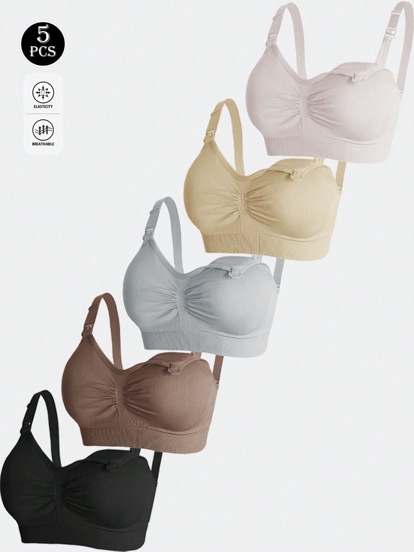 5pcs Nylon Maternity Nursing Bras, Front Clasp Breastfeeding Bras Wireless, Comfortable & Supportive