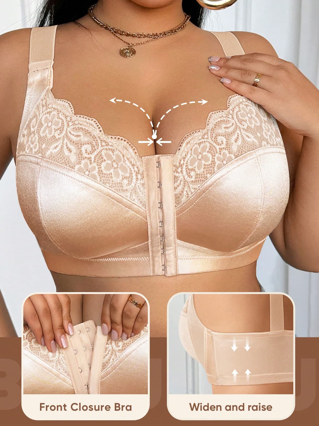 MEIYATING Plus Size Front Closure Lace Patchwork Wireless Bra, Sexy Lightweight Lingerie With Lift And Support