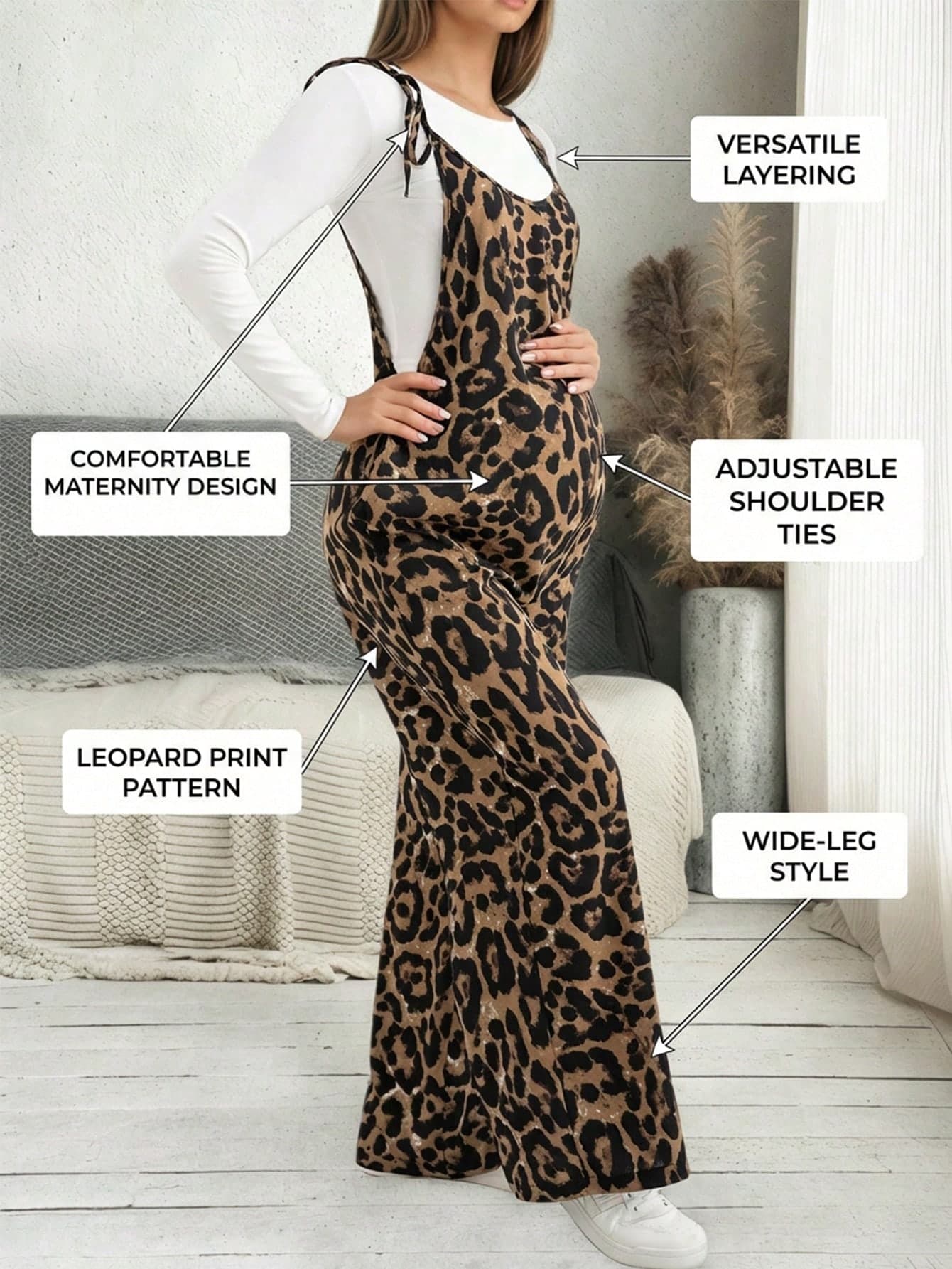 Maternity Leopard Print Sleeveless Jumpsuit, Adjustable Straps, Polyester, Elegant & Comfortable Versatile, Suitable For Daily Wear, Home, And Layering Summer Vacation