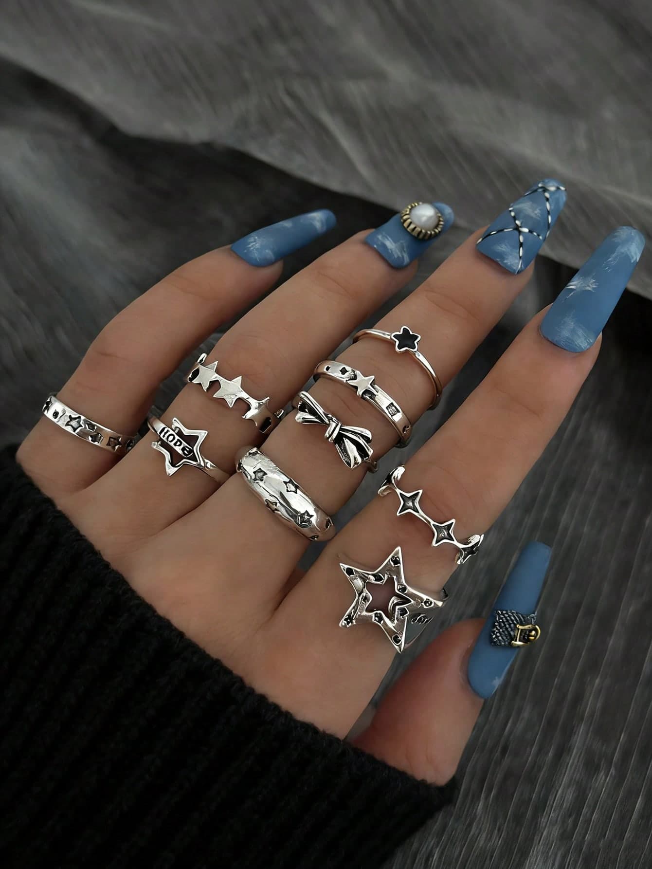9pcs Vintage Star & Bow Tie Design Open Ring Set, Antique Silver Color