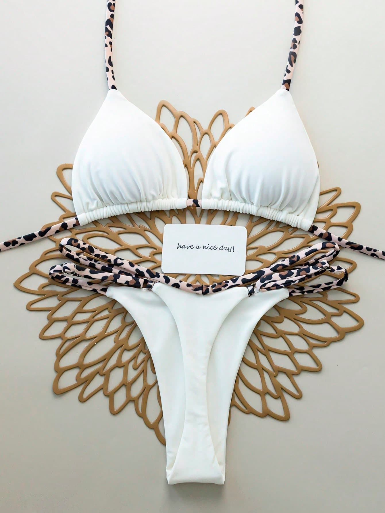 2pcs Leopard & Solid Color Sexy Open Back Lace Up Female Swimwear Bikini Set, Beach Resort, Stage & Concert Performance Outfit For Summer Vacation White