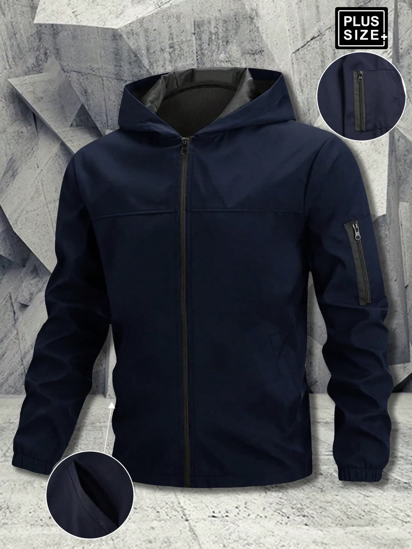 Plus Size Winter Outdoor Sports Casual Solid Color Zip-Up Hooded Thick Jacket, Suitable As Gift For Boyfriend, Friend, Husband, Father's Day