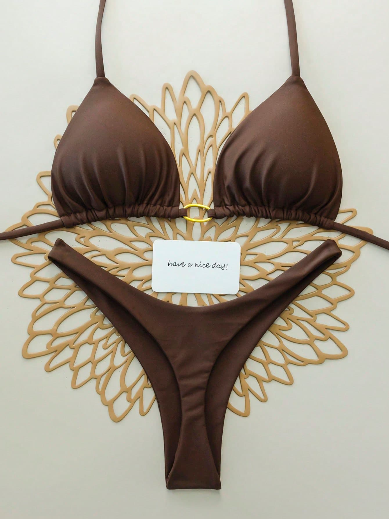 2pcs/Set Solid Color Sexy Tie Back Bikini Swimwear For Women, Summer Beach, Stage And Performance Vacation Brown