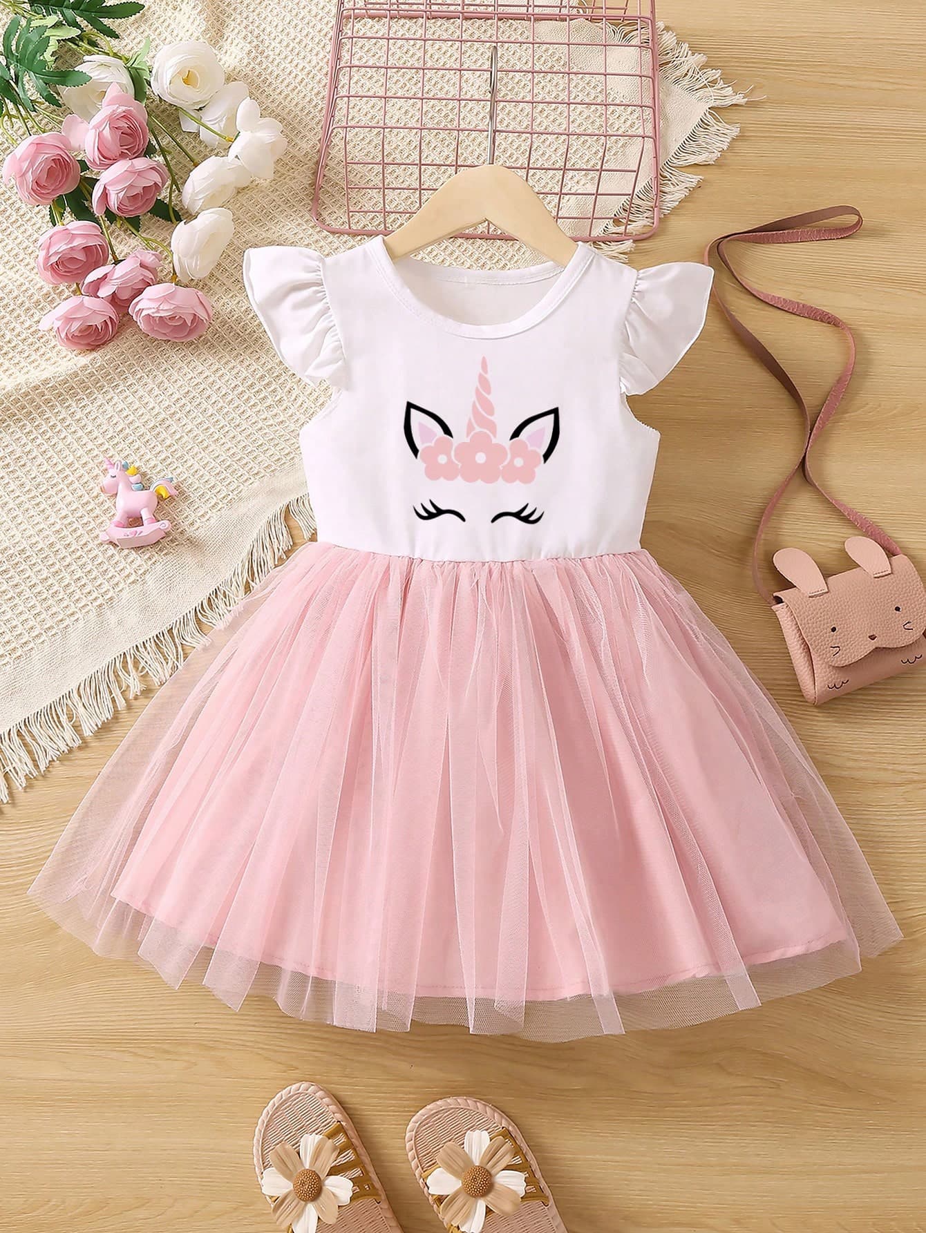 Girls' Unicorn Print Mesh Dress With Ruffle Sleeves And Layered Tulle Skirt, Chic & Elegant Style, Suitable For Casual Wear And Weddings, Spring/Summer