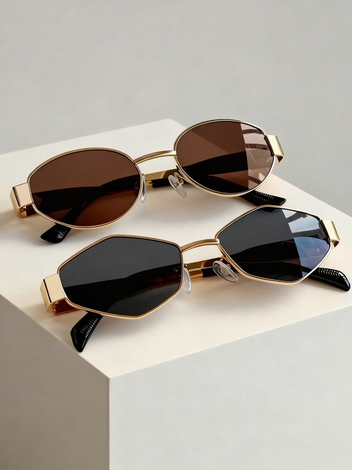 1 Set Includes 1 Rhombus + 1 Oval Rhombus Bohemian Summer Fashion Combo, Oval Metal Frame Decorative Glasses Unisex For Street Photography, Commuting