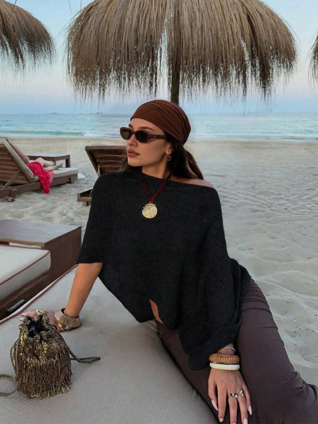 Women's Y2K Black Knit Shoulder-Revealing Cover Up Top, Textured Relaxed Fit, Bohemian Sexy Beach Wear For Summer Vacation, Coastal Style