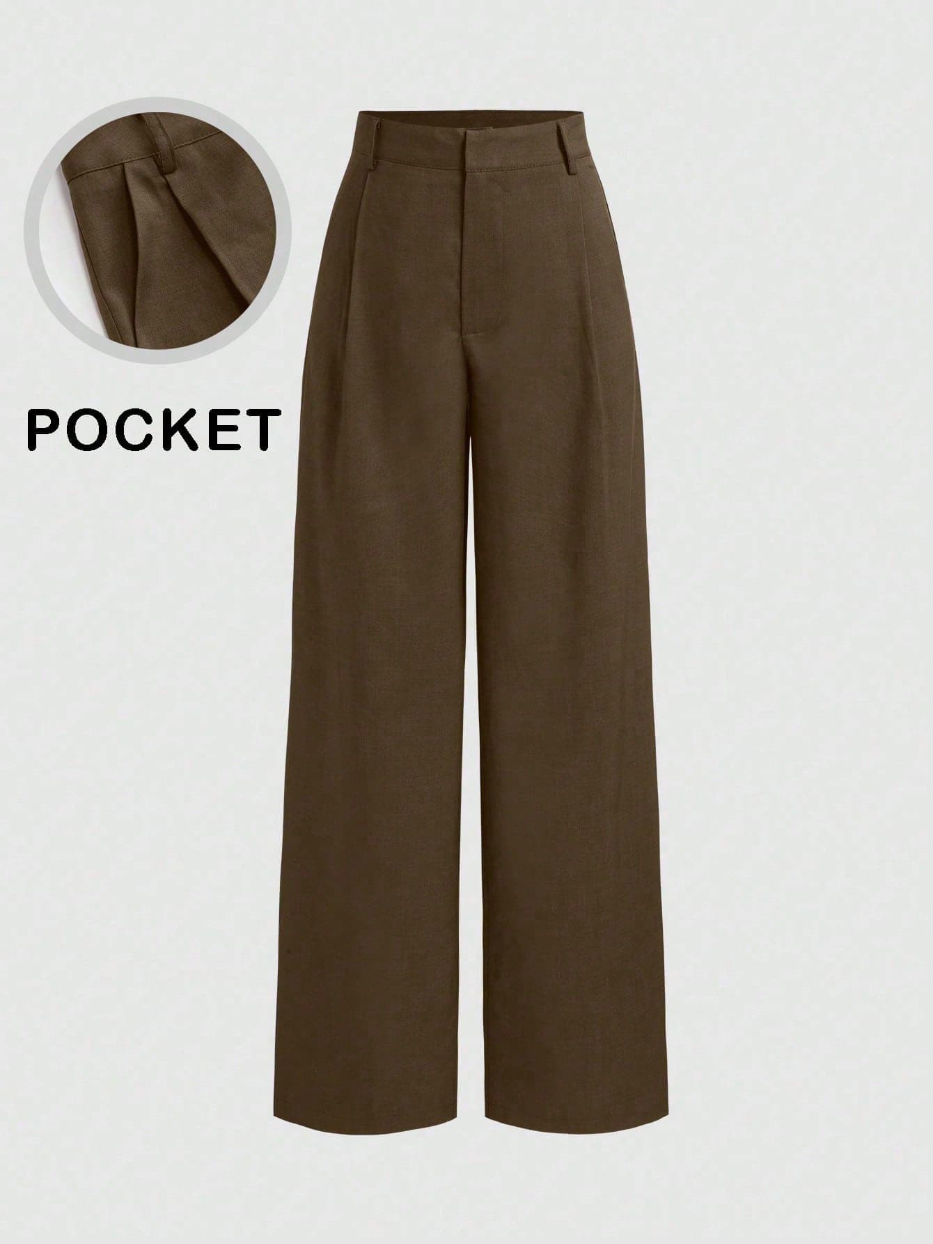 Vela Rue Minimalist Design Pants, Hook & Zipper Closure Thin Solid Brown Wide Leg Trousers, Flattering Silhouette, Fashionable Wide Leg Pants For All Seasons Spring