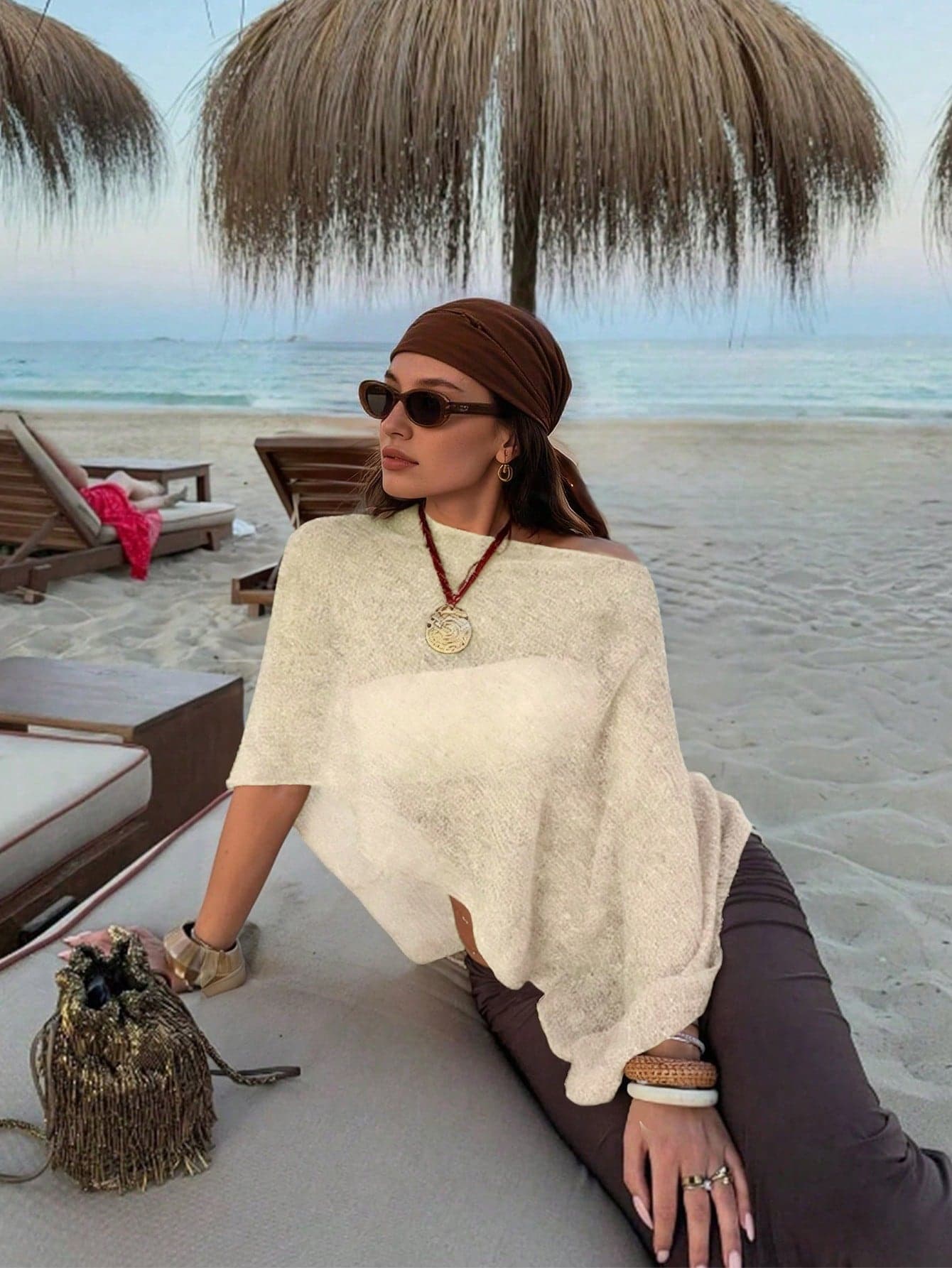 Women's Y2K Beige Knit Off-Shoulder Top, Textured Loose Fit, Bohemian Style Sexy Summer Beach Wear Vacation