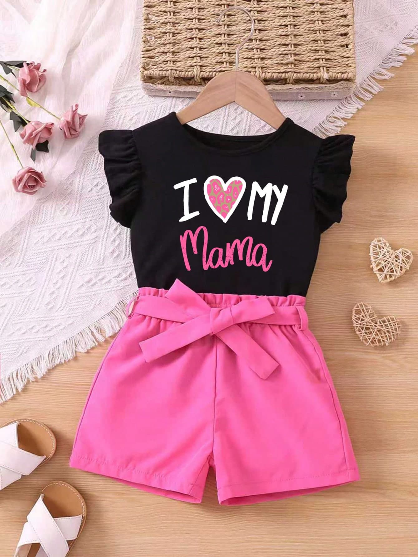 2pcs Girls Letter Print Ruffle Trim T-Shirt & Shorts Set