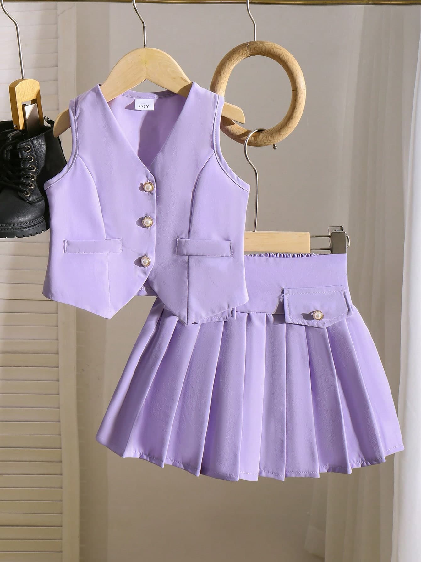 2pcs Girls Elegant Lady Academic Style Vest Top And Pleated Skirt Set, Spring/Summer