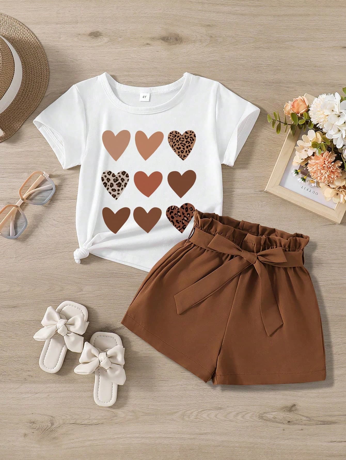 Young Girl Heart Print Short Sleeve T-Shirt And Solid Color Shorts With Waist Tie