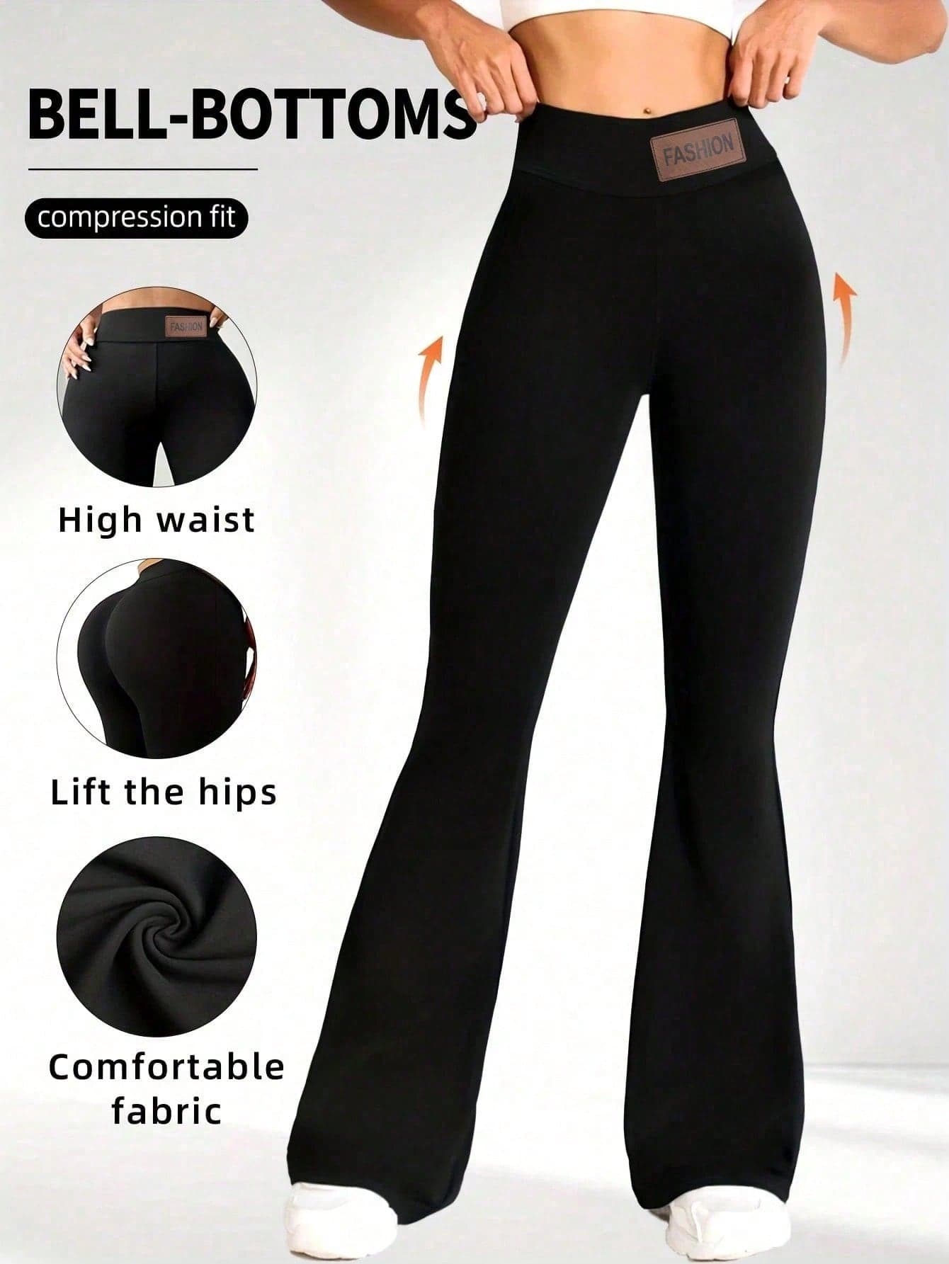Women's High Waist Flare Pants, Tummy Control Wide Leg Casual Trousers, Solid Color All-Season Slim Fit Vacation Pants Black