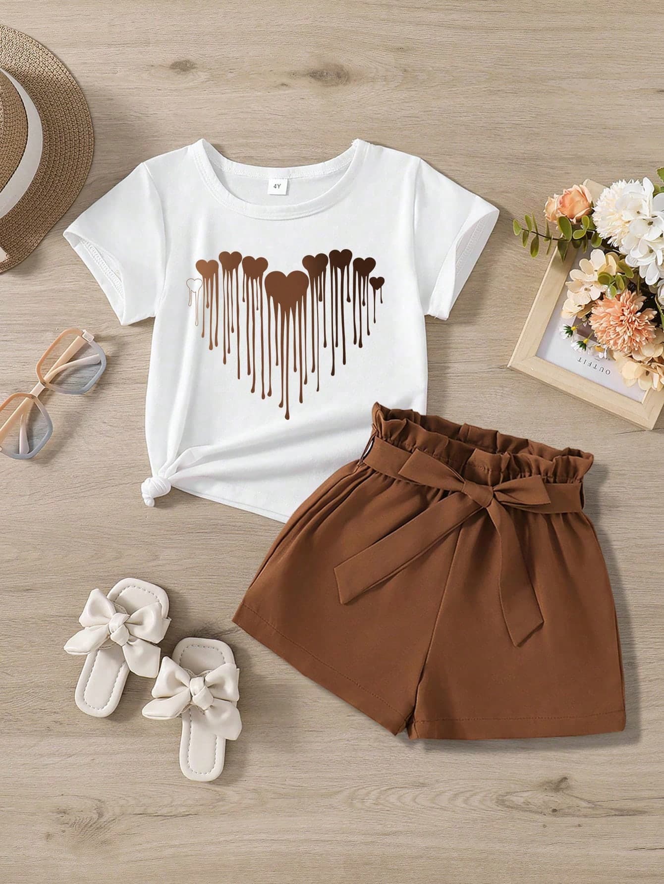 Heart Print Short Sleeve T-Shirt And Shorts Casual Outfit For Young Girl