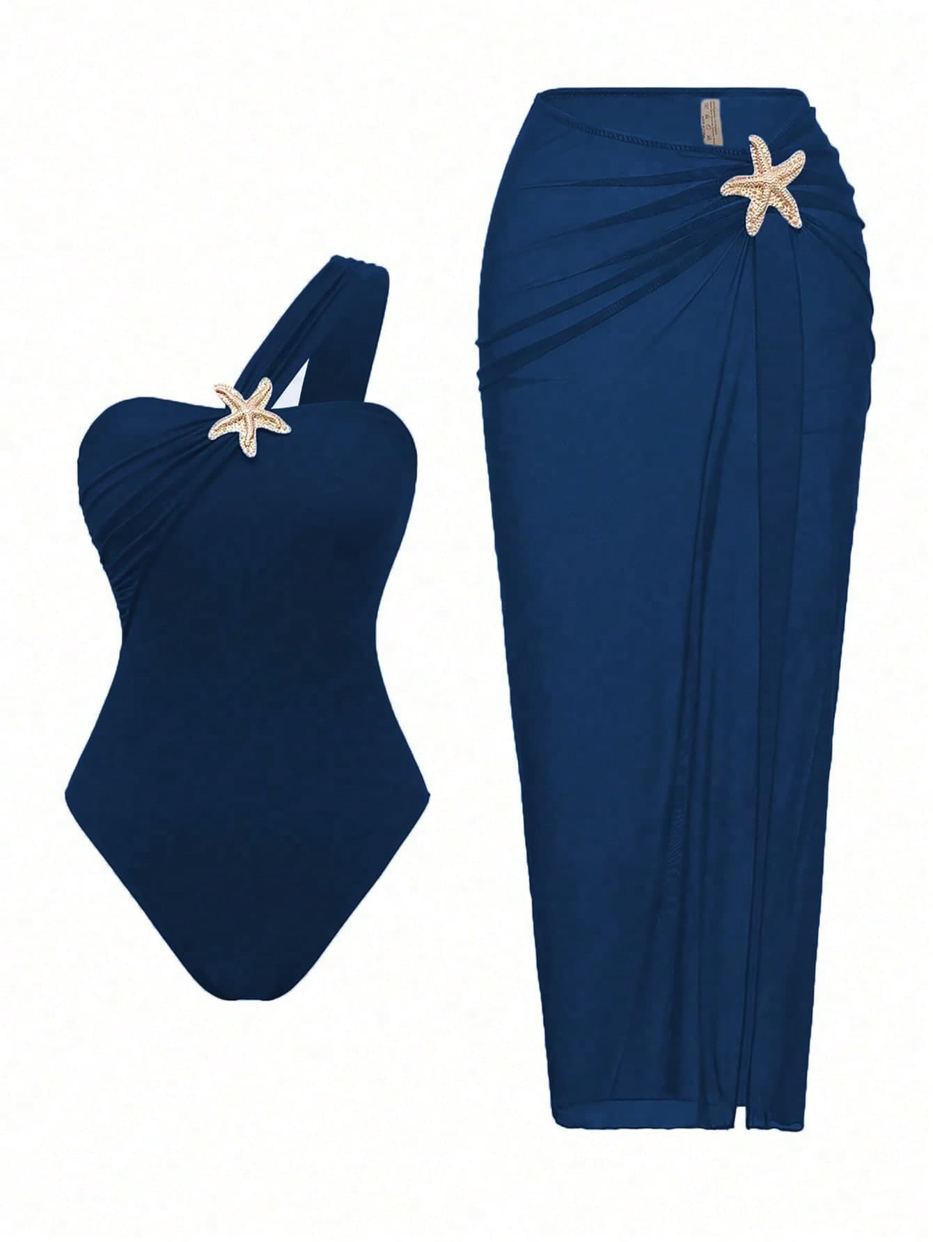 Fashionable High-End Beach Resort Summer Sexy Black One-Piece Swimwear With Star Decor Skirt Set Vacation
