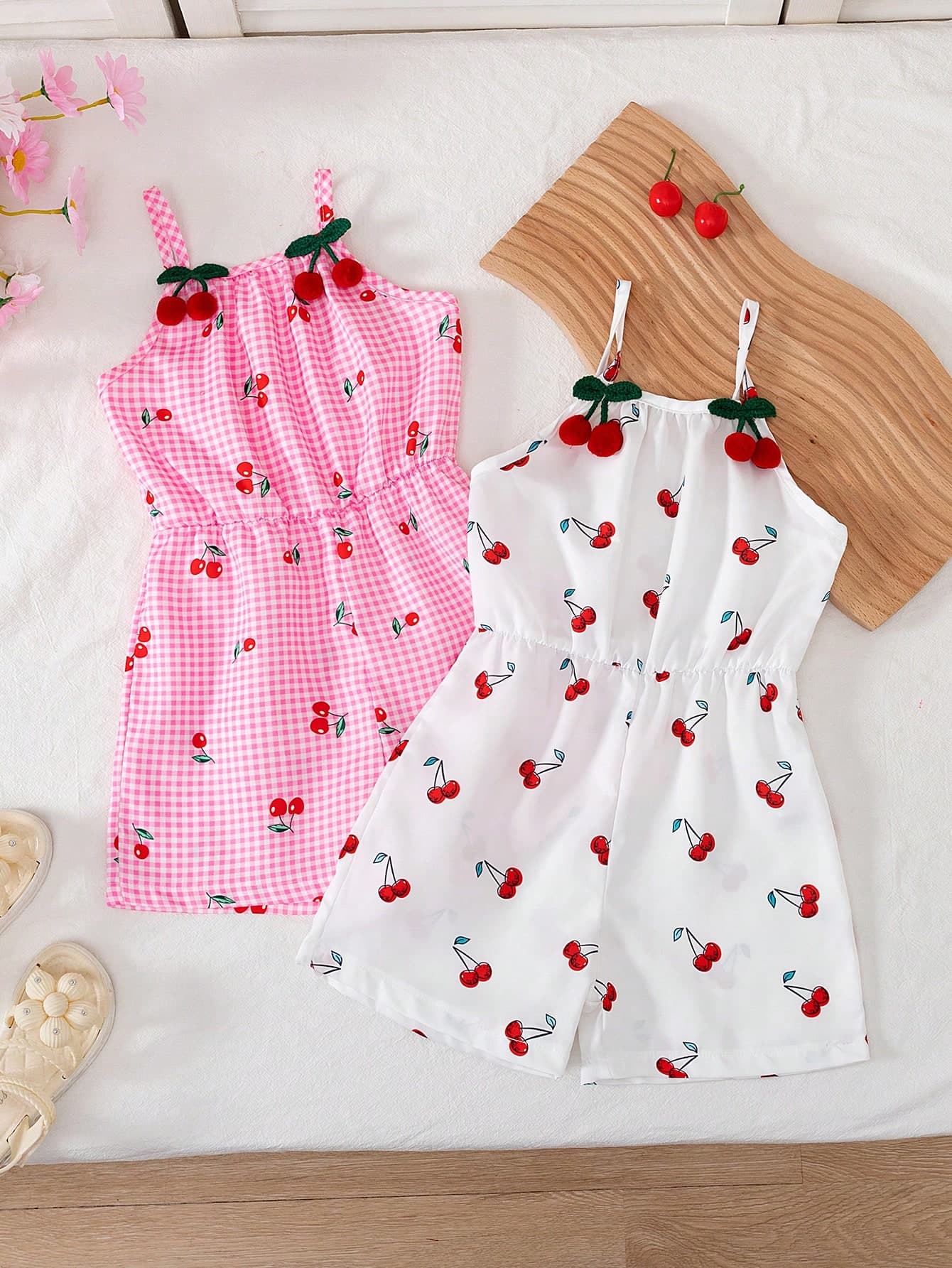 BASUSARRI 2pcs/Set Girls' Sleeveless Cherry Print Backless Romper & Shorts, Plaid Digital Print, Waisted, Cute & Versatile Summer Outfit