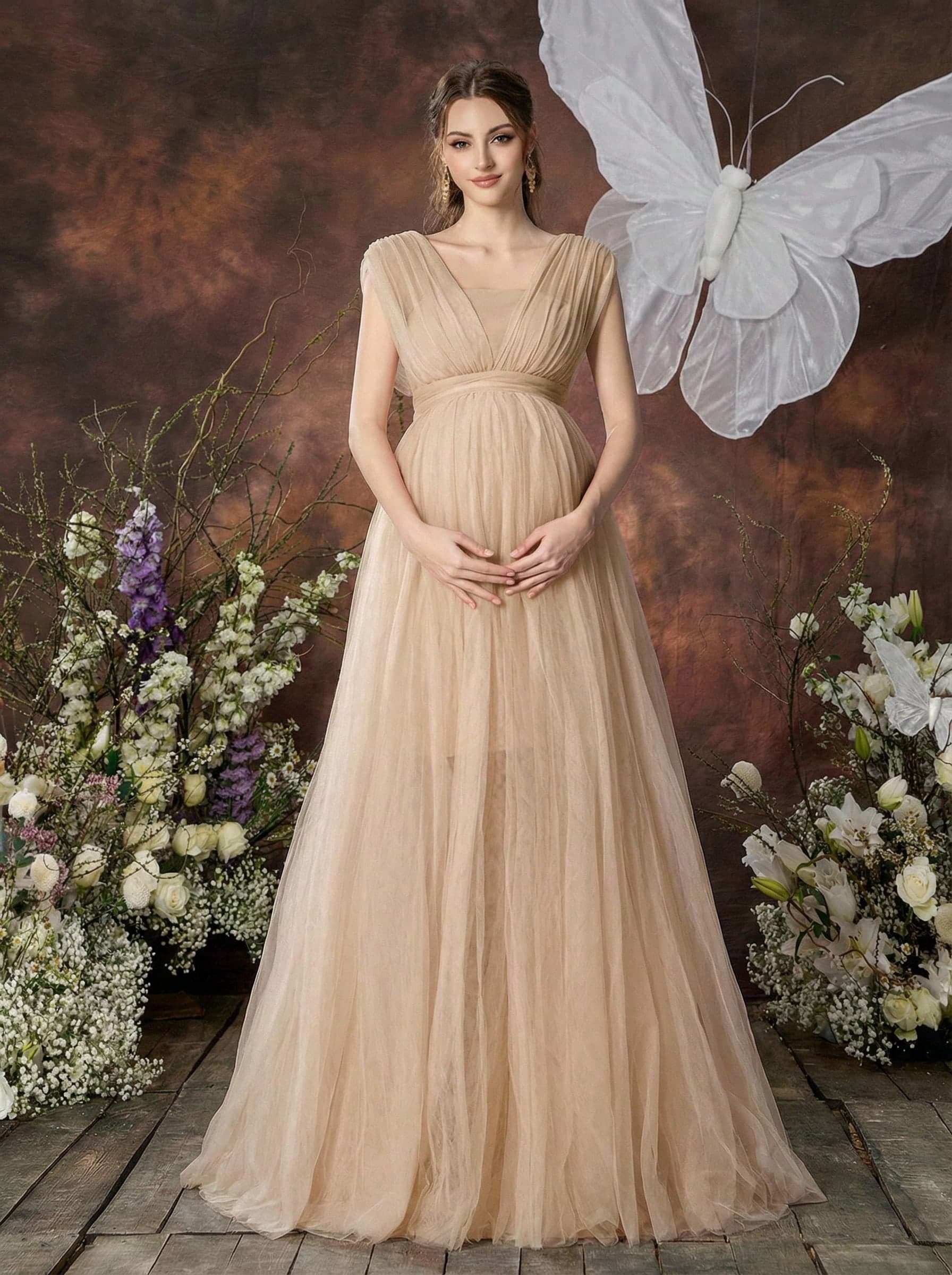 Irresista Dressalisa Maternity Sleeveless Off-Shoulder Maxi Dress With Dramatic Tulle Skirt – Lightweight Chiffon Fabric