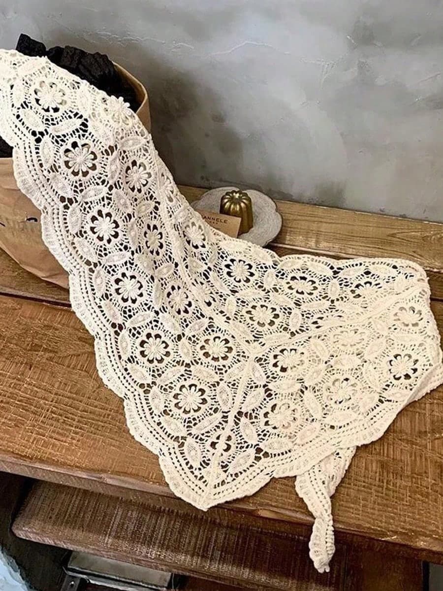 1pc Solid Color Crochet Floral Lace Lightweight Shawl Scarf For Women, Spring/Summer