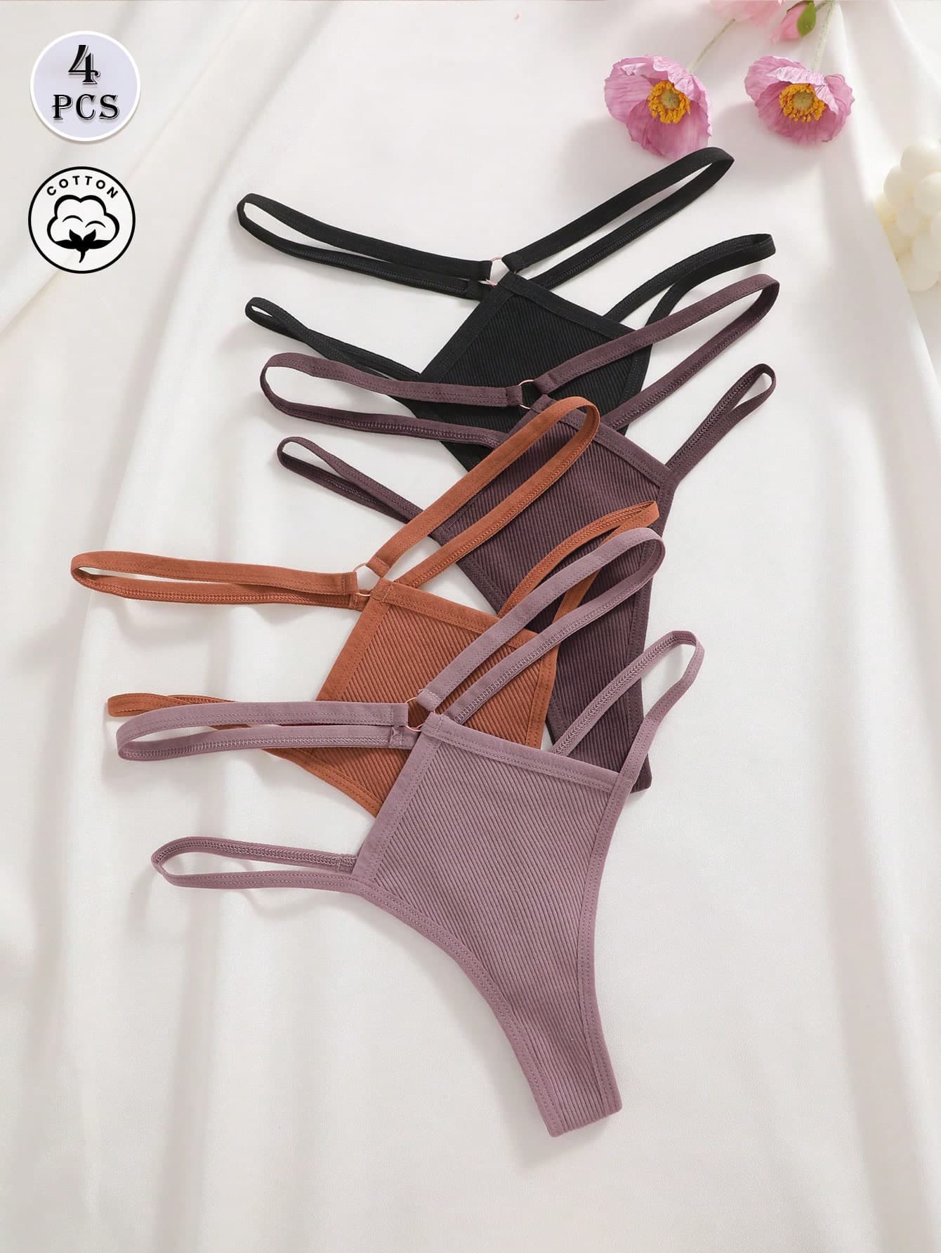 4pcs Solid Color Cotton Ribbed Hollow Out Sexy Comfortable Women's Thongs