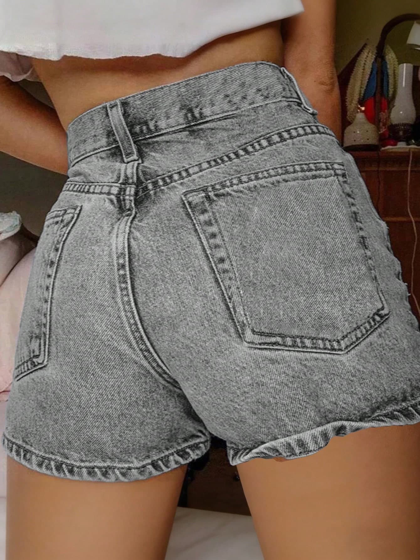 Vintage Gray Denim Shorts For Teen Girl, High Waist Cuffed Design, Versatile &