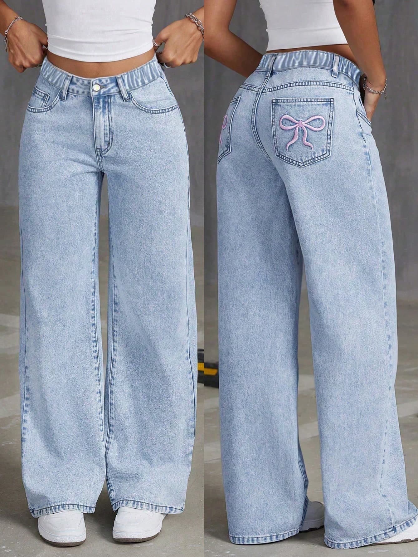Tween Girl's Oversized Bow Print Denim Wide-Leg Pants, Casual And Comfortable