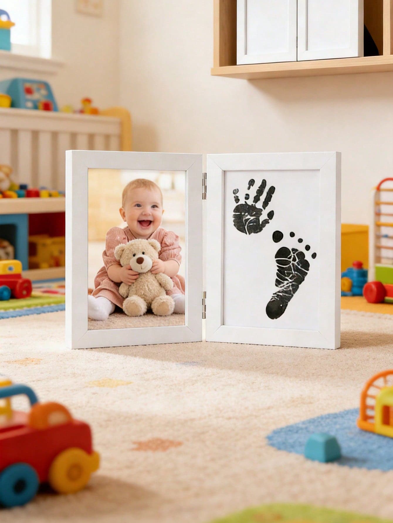 1 Set Baby Handprint & Footprint Keepsake Kit, Includes Black Ink Pad, Ink Paper, And White Frame, Perfect For Baby Milestone, Baby Shower, Home Decor, Easter Gift, Suitable For Baby Boys And Girls