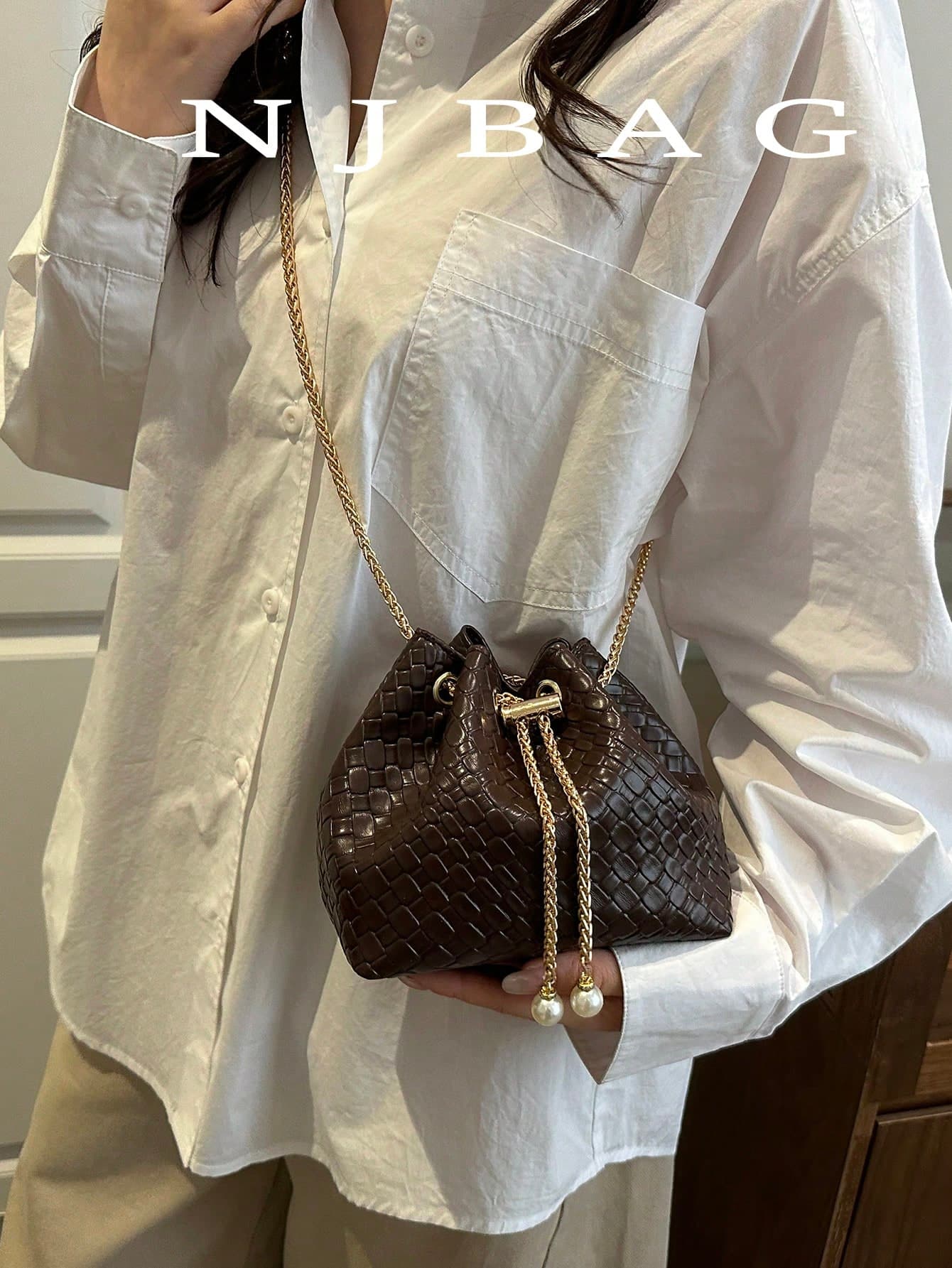 Mini Woven Drawstring Bucket Bag, Versatile Shoulder/Crossbody Bag For Party & Casual, Minimalist Design