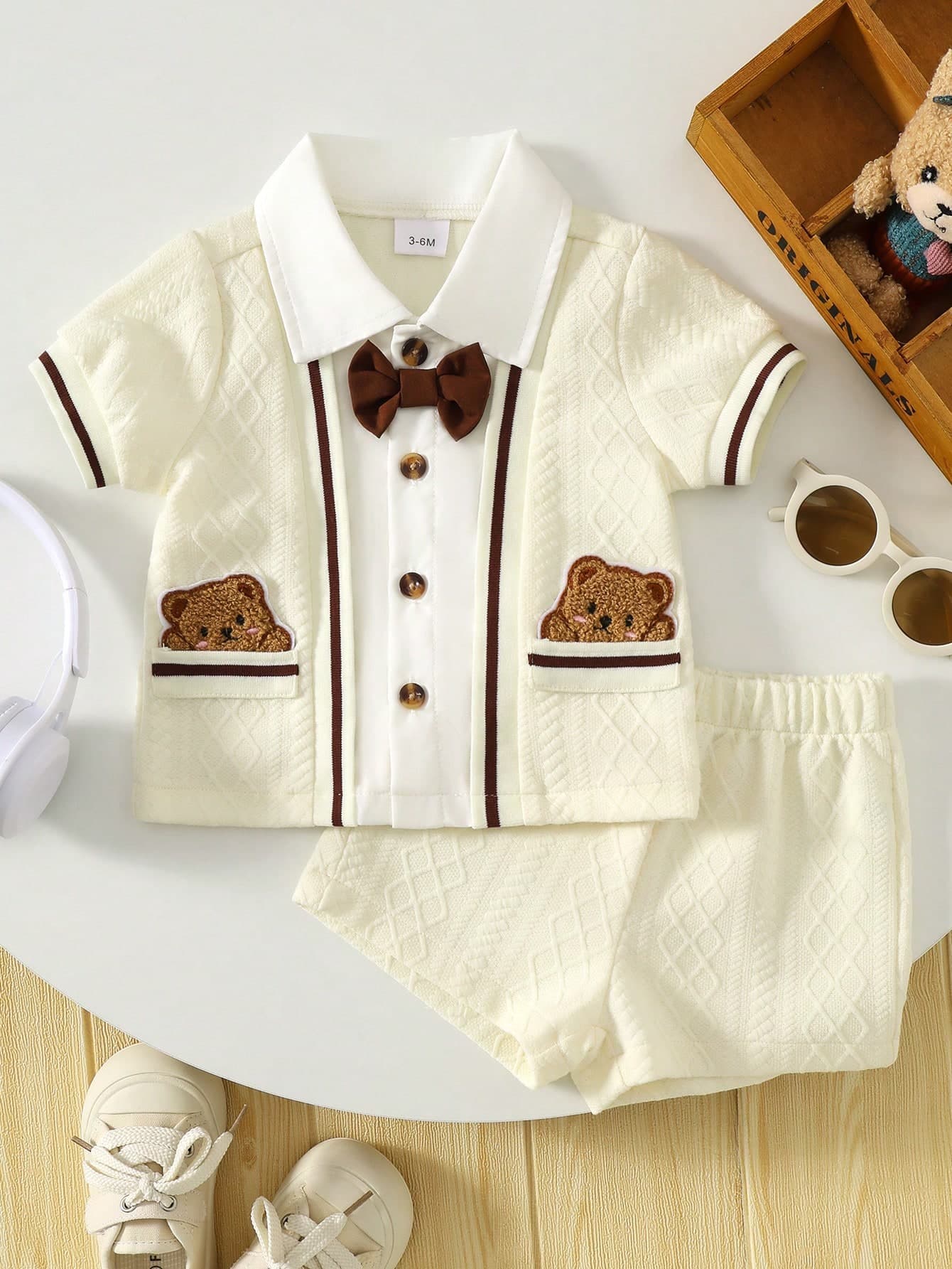 2pcs Baby Boy Casual Gentleman Outfit Set: White Collar Cardigan Shirt With Apricot Striped Jacquard Decoration, Paired With Apricot Shorts, Summer