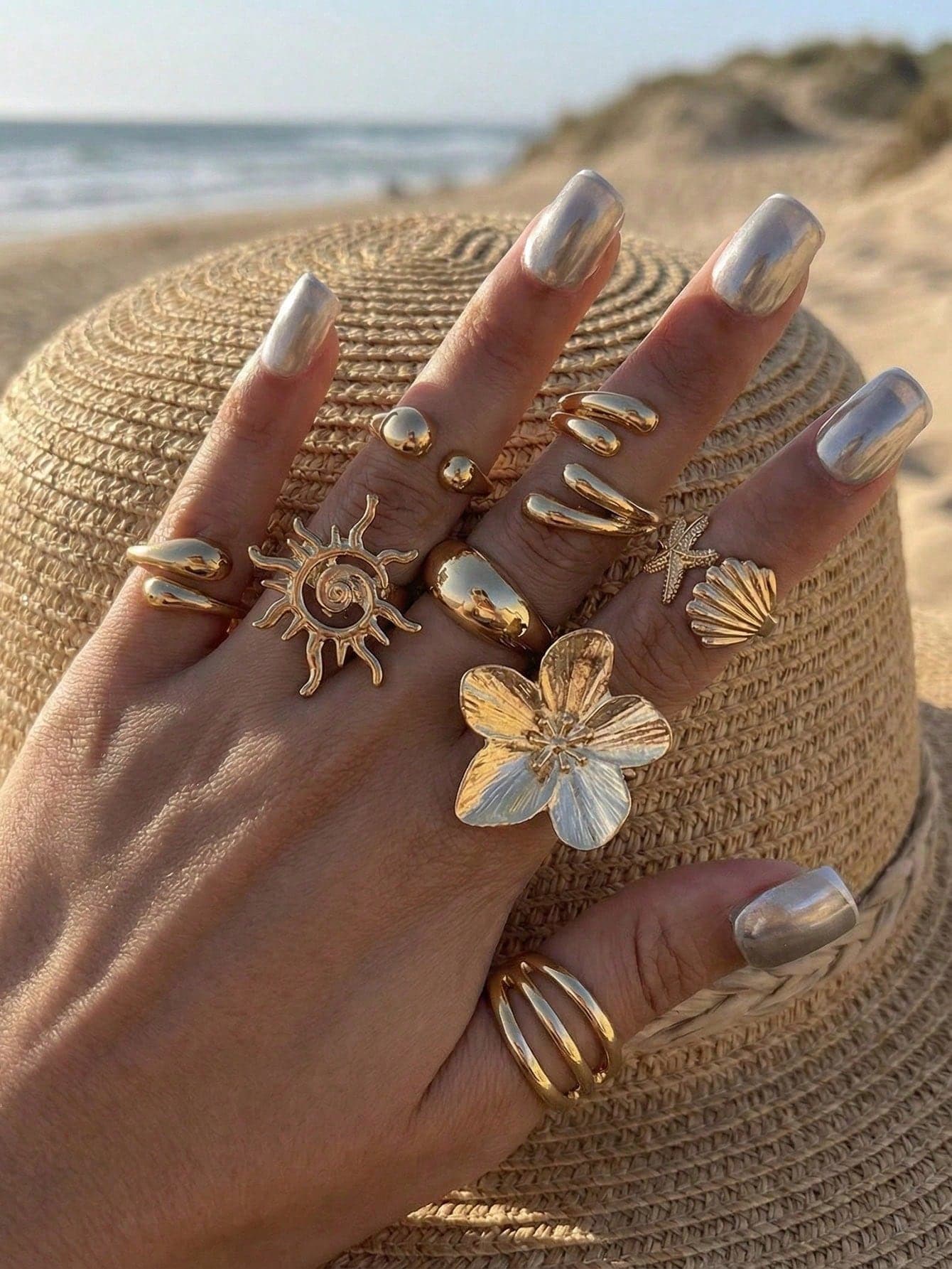 8pcs Bohemian Sunflower Shell Starfish Ring Set Y2K Vacation Gift For Adults