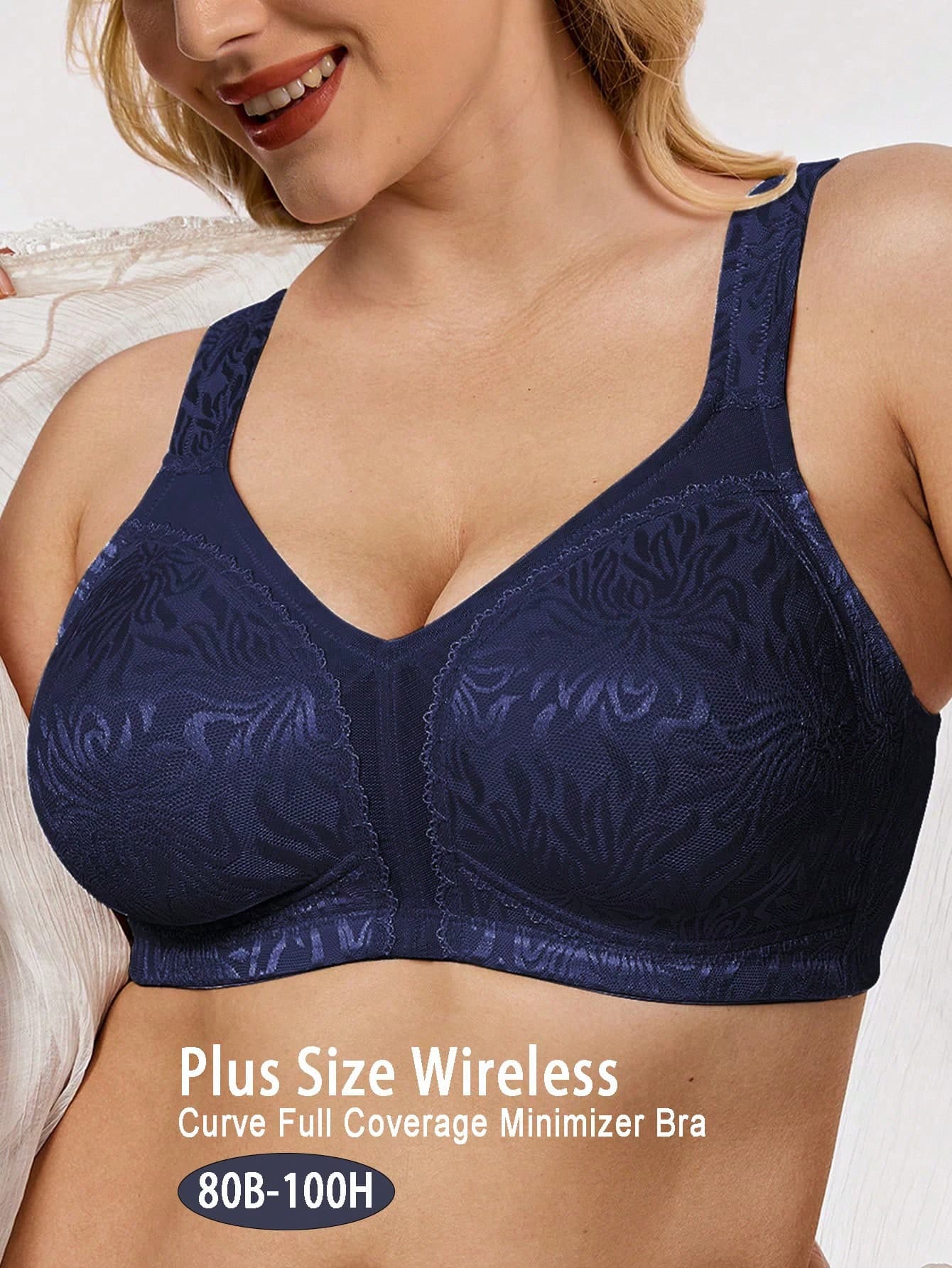 Navy Blue Plus Size Wireless Bra, Full Coverage Wide Strap, Jacquard Fabric, Super Soft & Comfortable For Daily Wear, Suitable For Curvy Women