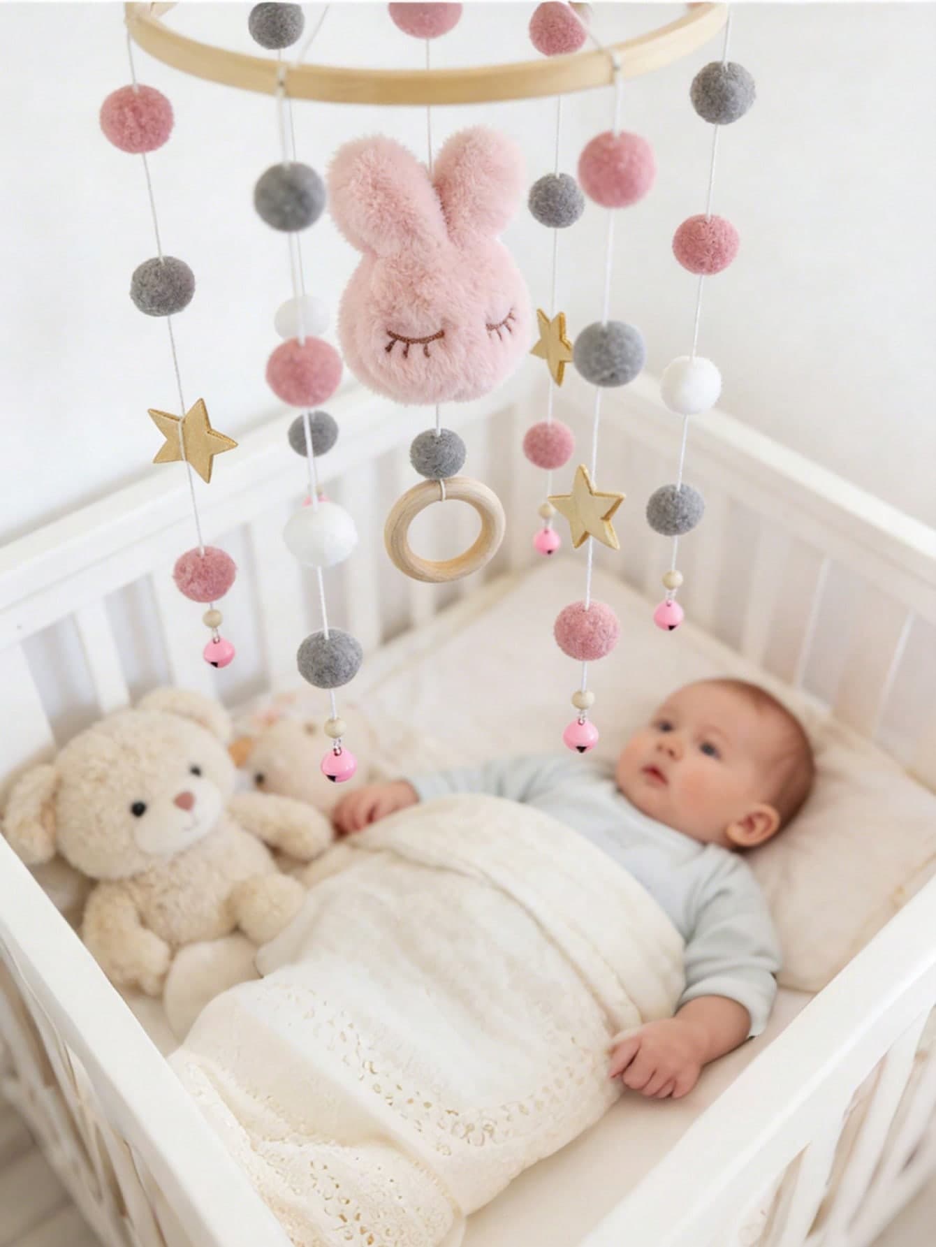 1pc INS Style Rabbit Star Wind Chime, Bamboo Wood Ring Bed Bell, Home Decor Gift, Suitable For Boys And Girls