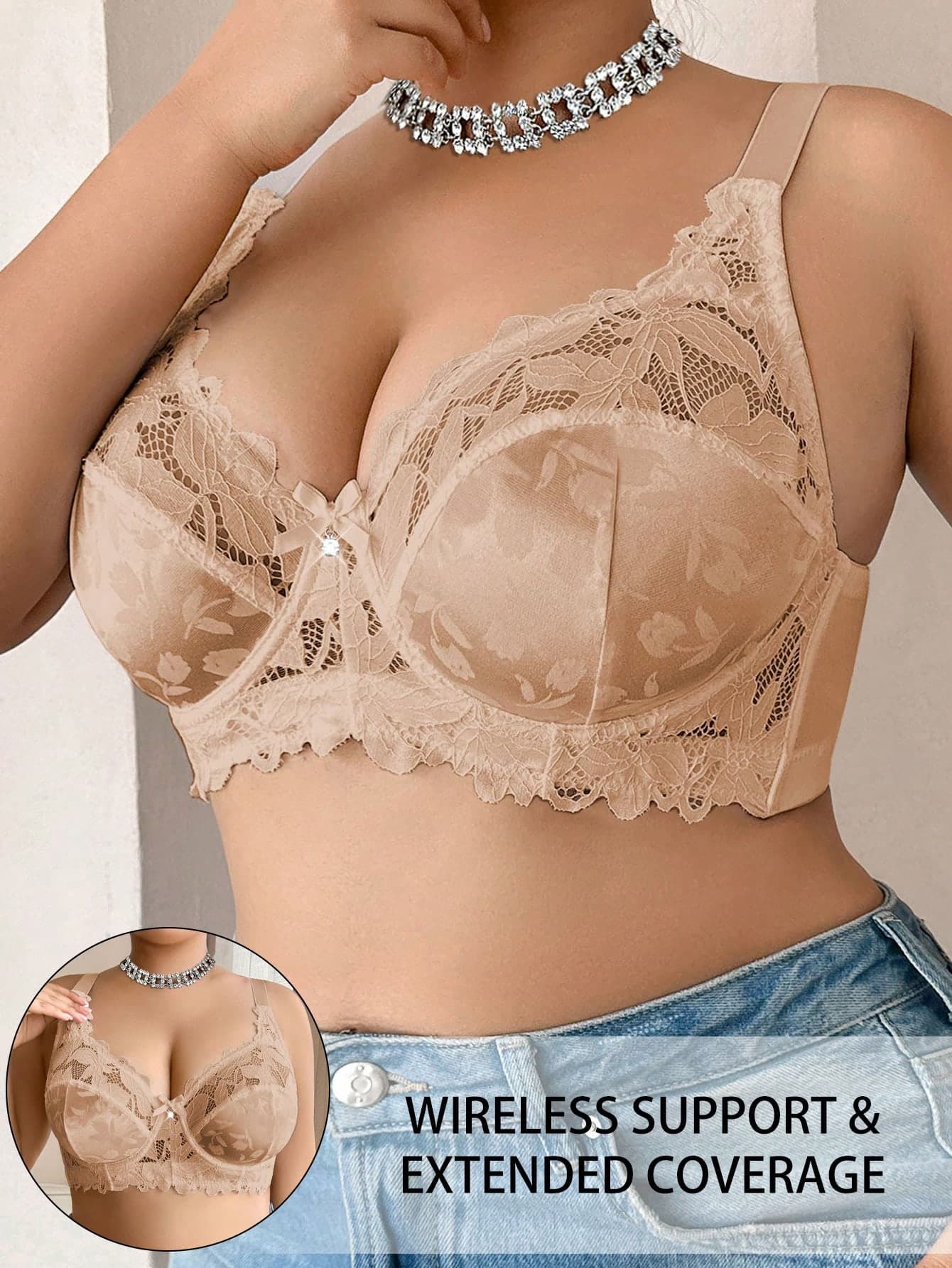 Plus Size Women Fashion Lace Patchwork Underwire Bra
