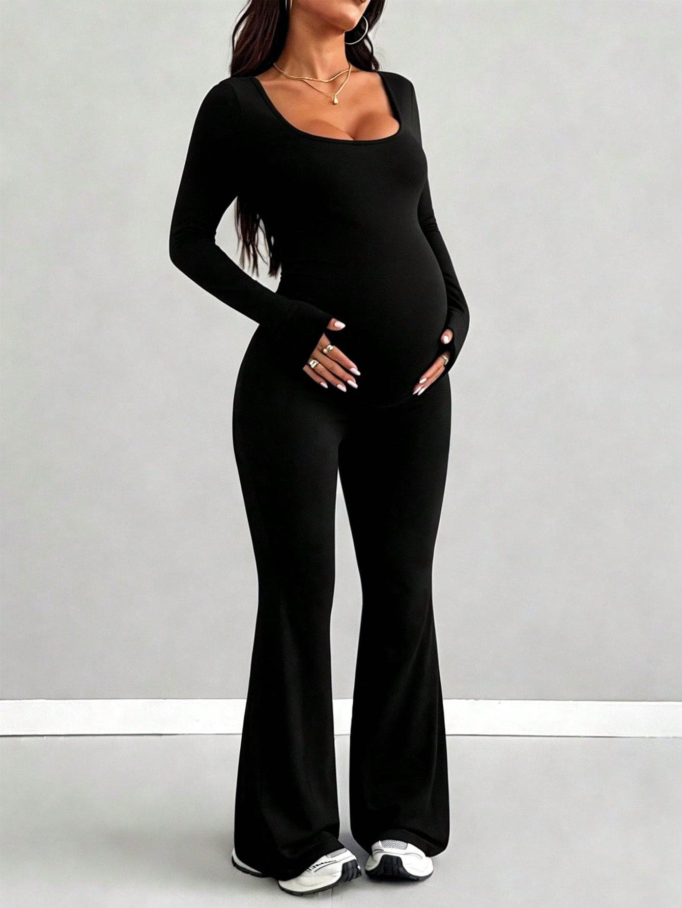 Parara Maternity Long Sleeve Jumpsuit, Tight Fit Casual All-Season Style, Fashion Inner Wear, Sporty Casual Style, Festival Outfits For Women Black