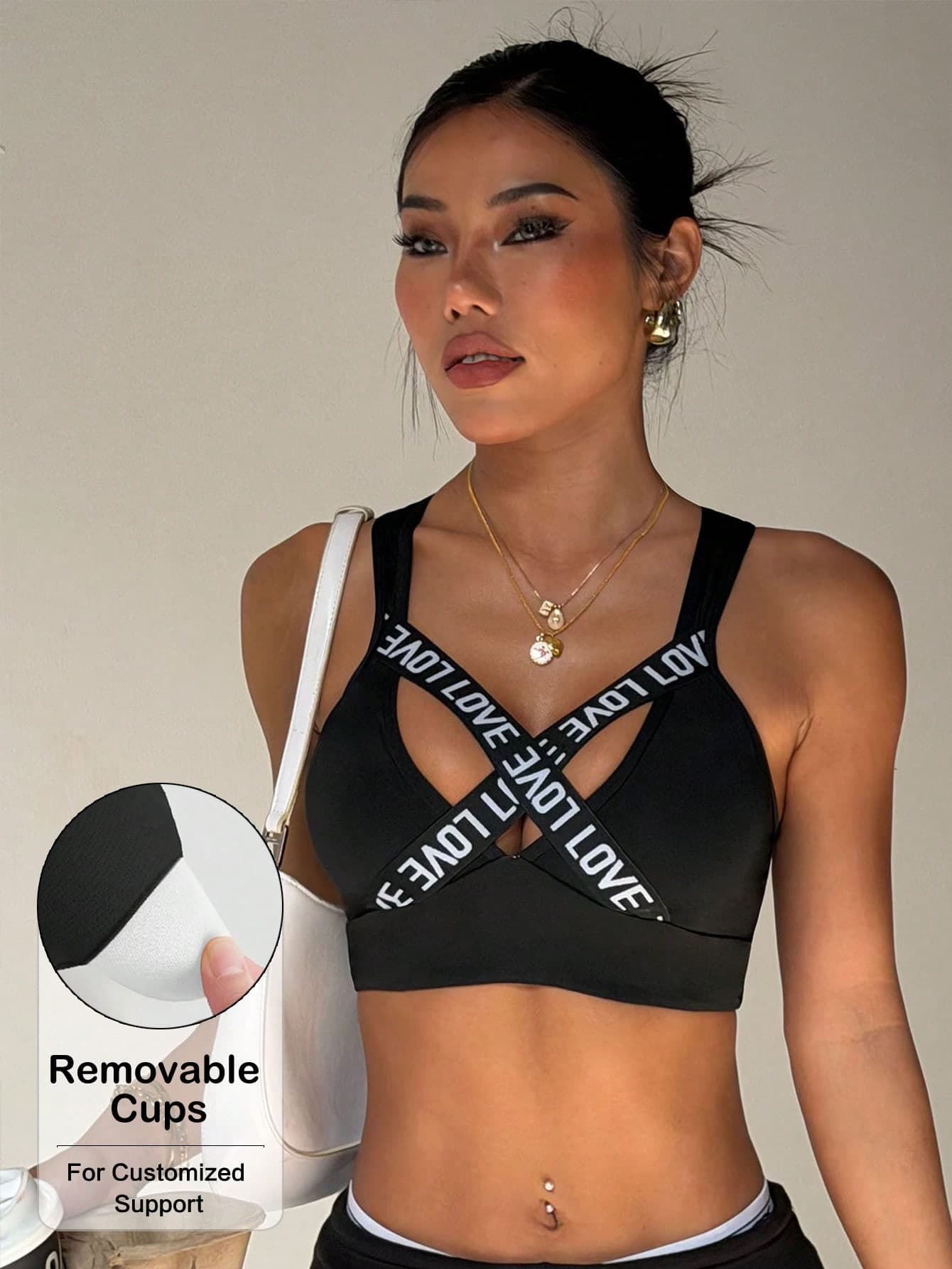 Women's Solid Color Removable Padded Bra, Fashion Letter Strap Criss-Cross Back Sports Knit Bra