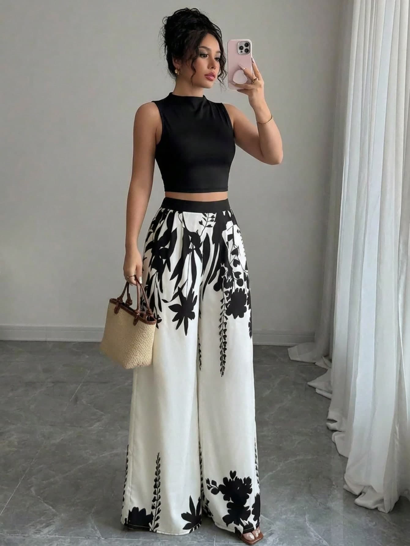 New Women's Casual Colorblock Top + Pants Set, High Waist Loose Elegant Wide Leg Pants, Slimming, Spring/Summer/Autumn Vacation