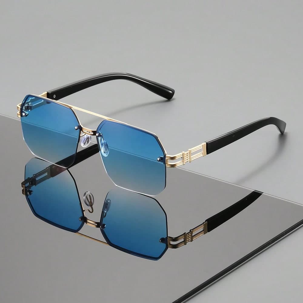 1Pc Men Rimless Double Bridge Geometric Fashion Glasses Gradient Blue Lens Gold Hollow Decor Temples Shades For Travel Beach Street Daily Eyewear