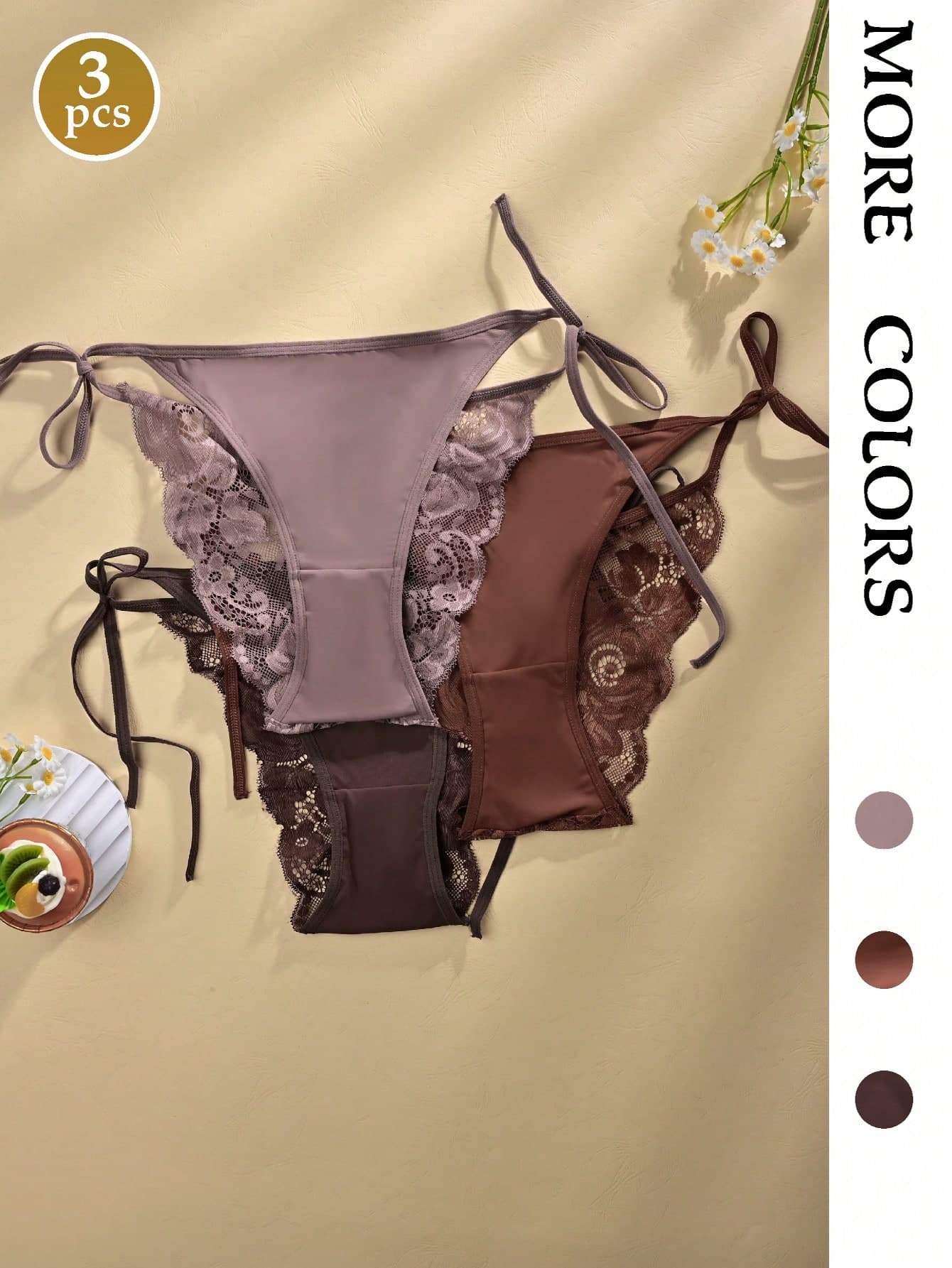 3pcs Women's Lace Trim Tie Front Bikini Panties, Comfortable Soft Fabric Sexy Underwear, Coffee Color