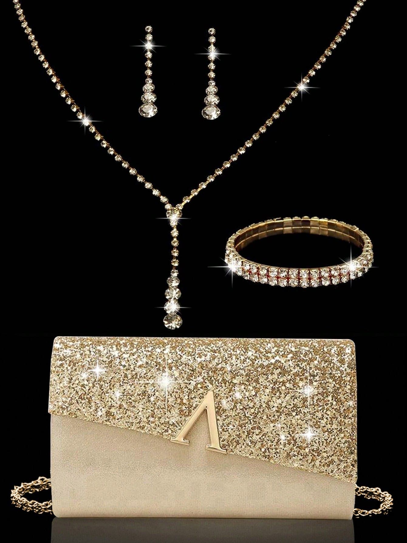 Elegant Evening Clutch, Sparkling A-Shaped Diamond Flap Envelope Clutch, Comes With Sparkling Rhinestone Jewelry 3 Pieces Set, Elegant Evening Clutch, Women's Ball Handbag, Women's Wedding Evening Bag, Party Handbag, Metal Chain Handbag, Wedding Party Handbag, New Cocktail Party Wedding Wallet Evening Clutch