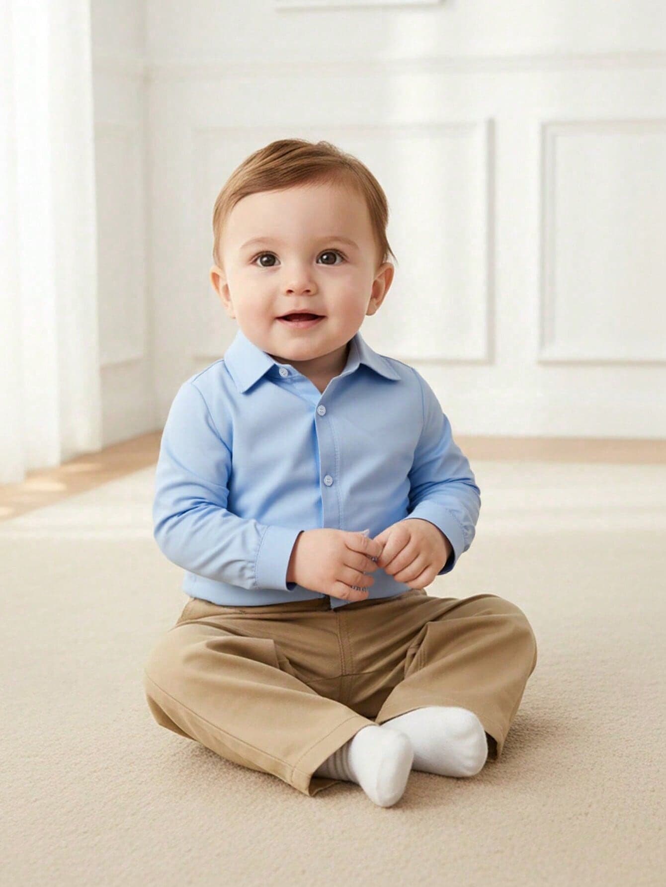 Infant/Baby BoyWhite Long Sleeve Button-Front Collared Shirt, Versatile & Comfortable For Daily, School, Events, Holiday Wear