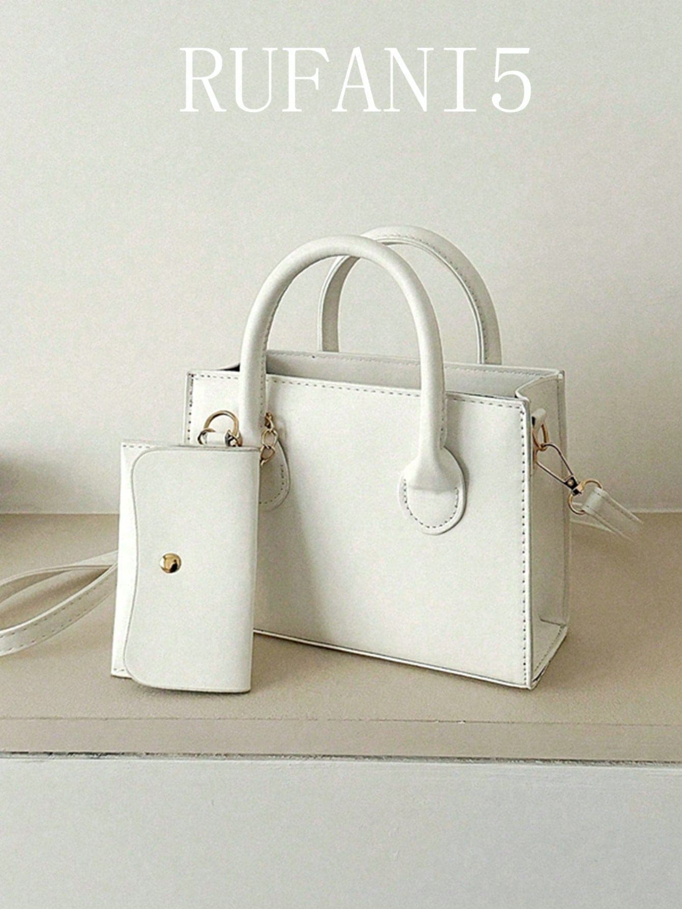 2pcs Set Fashionable Solid Color Handbag, White Bag